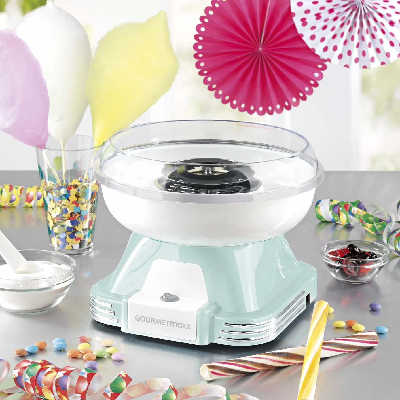 GOURMETmaxx Maszynka do waty cukrowej do domu, oryginał z 10 pałeczkami i łyżeczką pomiarową w nostalgicznym wzornictwie retro w kolorze miętowym | Cotton Candy najwyższej jakości na każdą okazję
