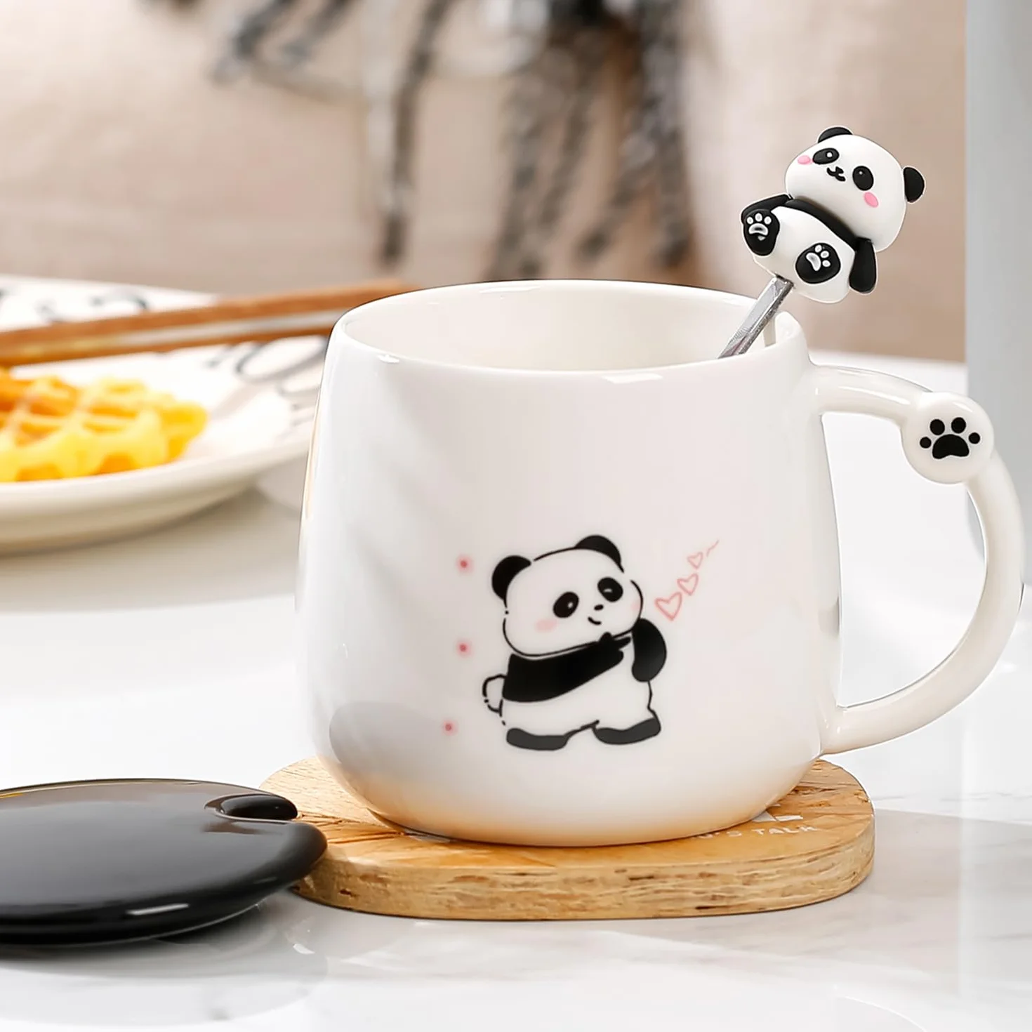 Panda Filiżanki Prezent Filiżanka Dziecięca - Ceramiczna filiżanka z pokrywką, łyżeczka ze stali nierdzewnej, filiżanka do kawy, filiżanka do herbaty, zabawny prezent dla kobiet, słodkich filiżanek