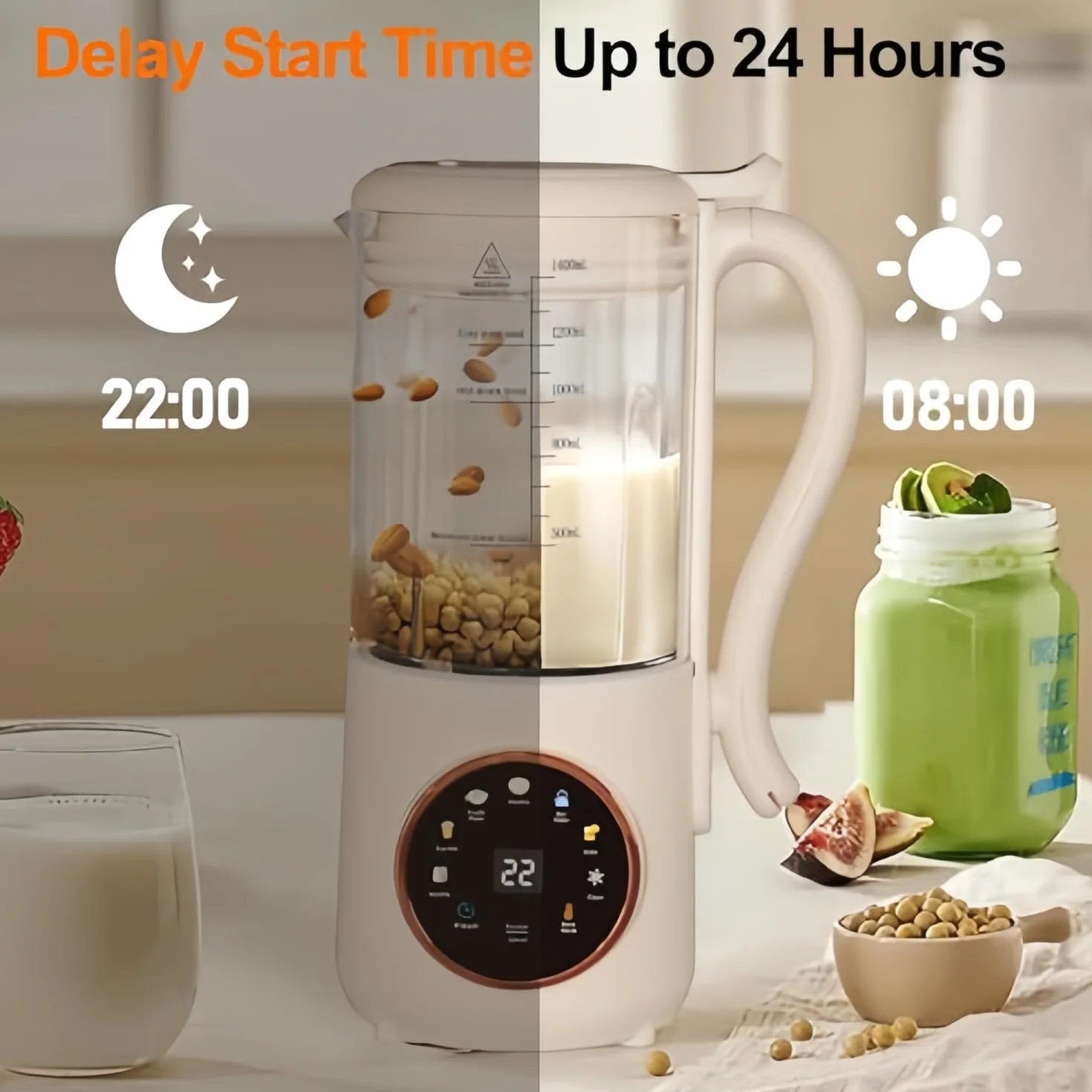 Automatyczny ekspres do mleka sojowego 8 w 1, 47oz/1400ML automatyczna maszyna do mleka orzechowego, z 16 ostrzami, 24-godzinny timer opóźniający, do przygotowywania mleka migdałowego, owsianki