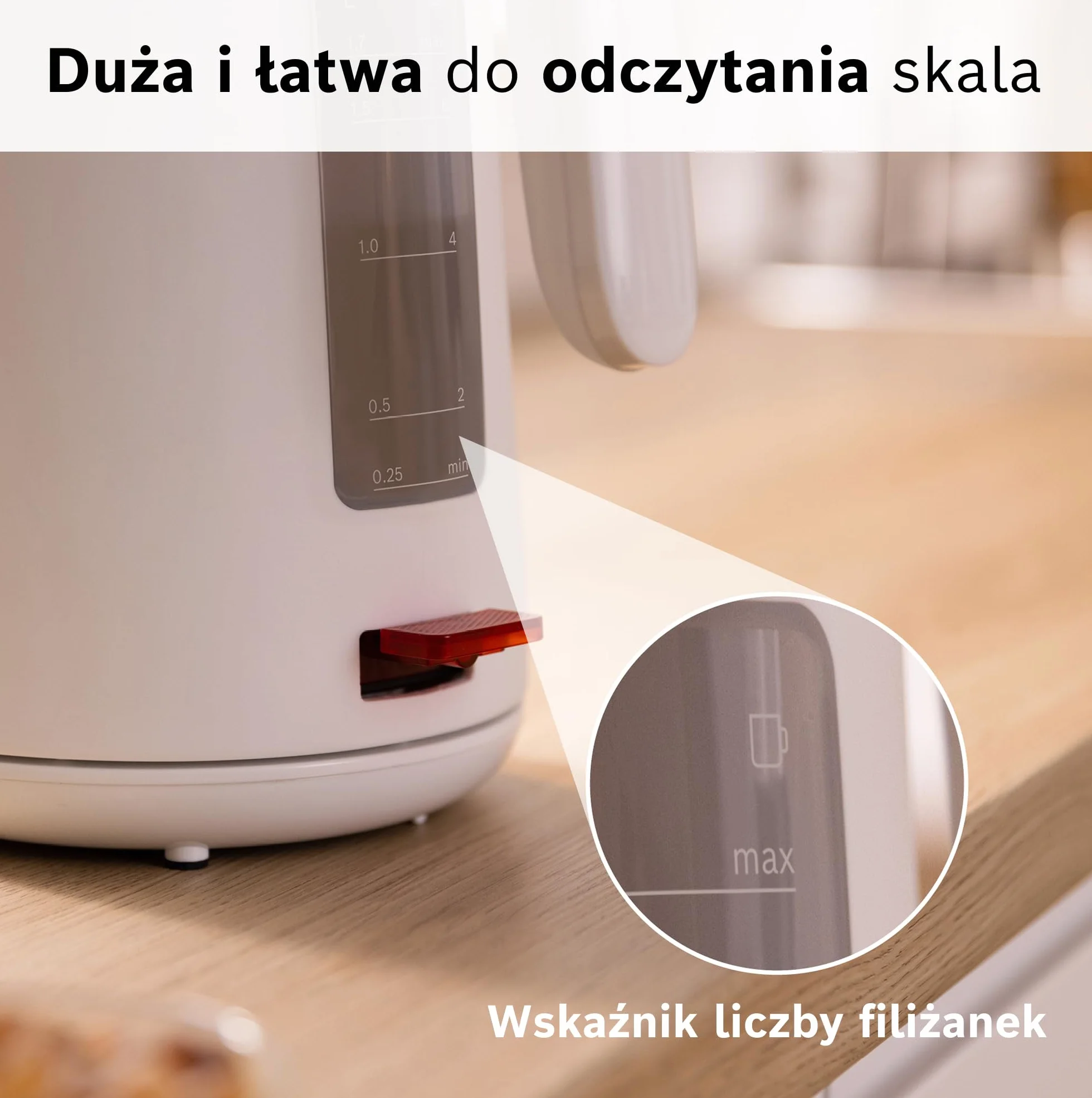 Bosch, czajnik elektryczny, MyMoment, ergonomiczna budowa, duży otwór, potrójne zabezpieczenie, filtr antyosadowy, pojemność 1,7 l, wysokiej jakości plastik, biały, TWK2M161