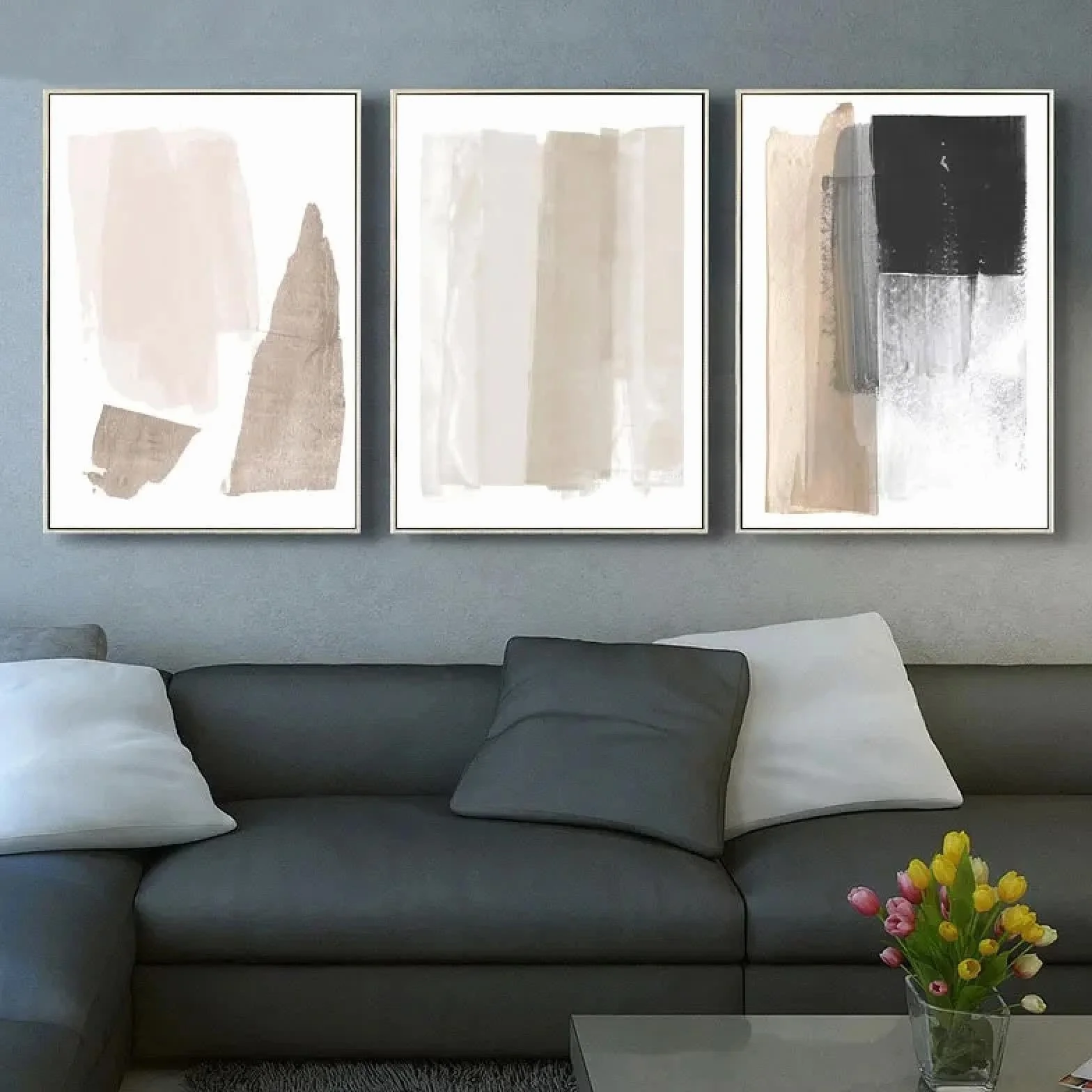 ZHAOLIN Abstrakcyjna beżowa różowa czarna szara farba obraz na płótnie, minimalistyczny styl boho obrazy do salonu dekoracja ścienna plakat 60 x 80 cm (24 x 31 cali) x 3 bez ramy