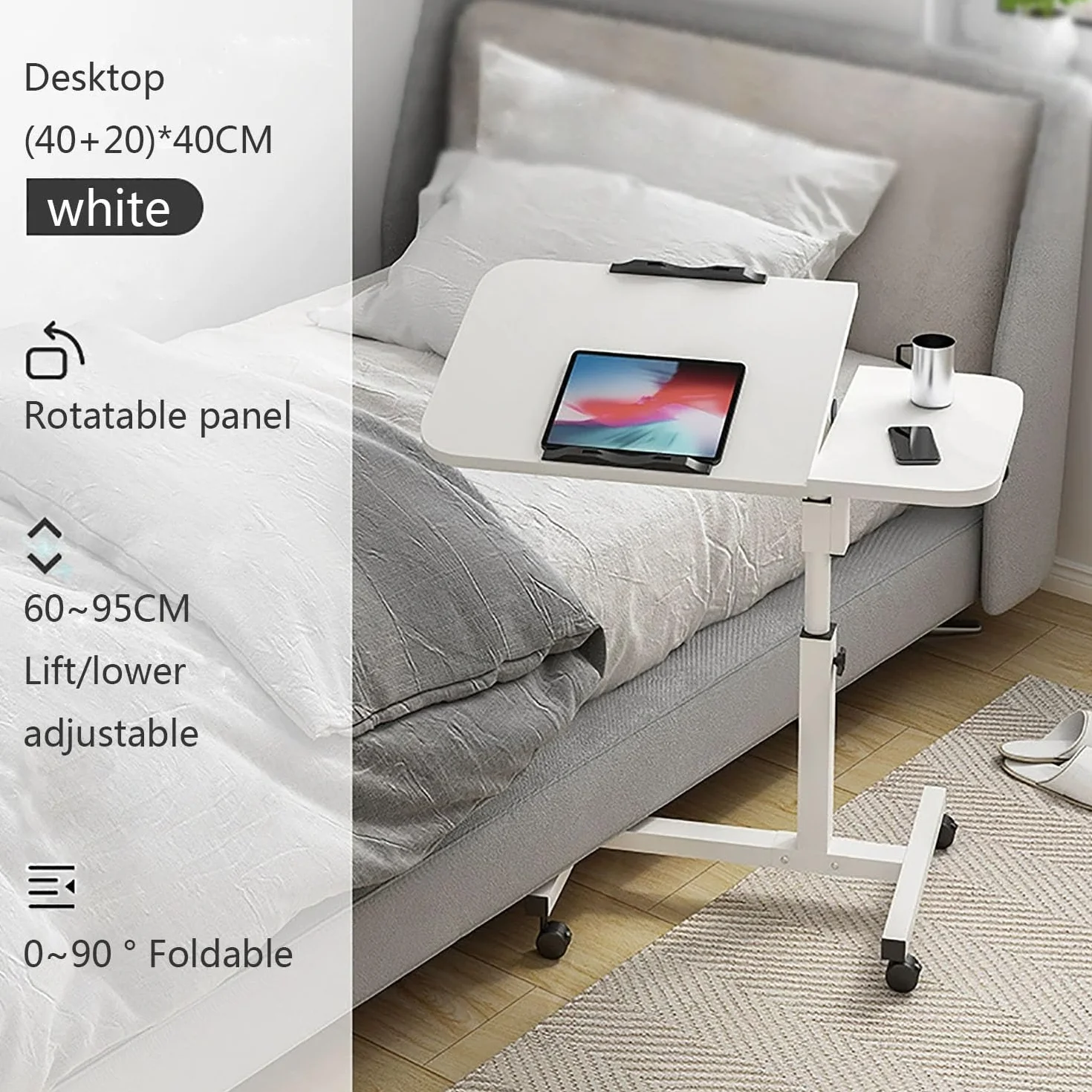 Regulowany składany stolik pomocniczy z kółkami – mobilna sofa z regulacją wysokości i kąta nachylenia, idealny do domu i biura, biały, wszechstronny laptop i biurko do jadalni