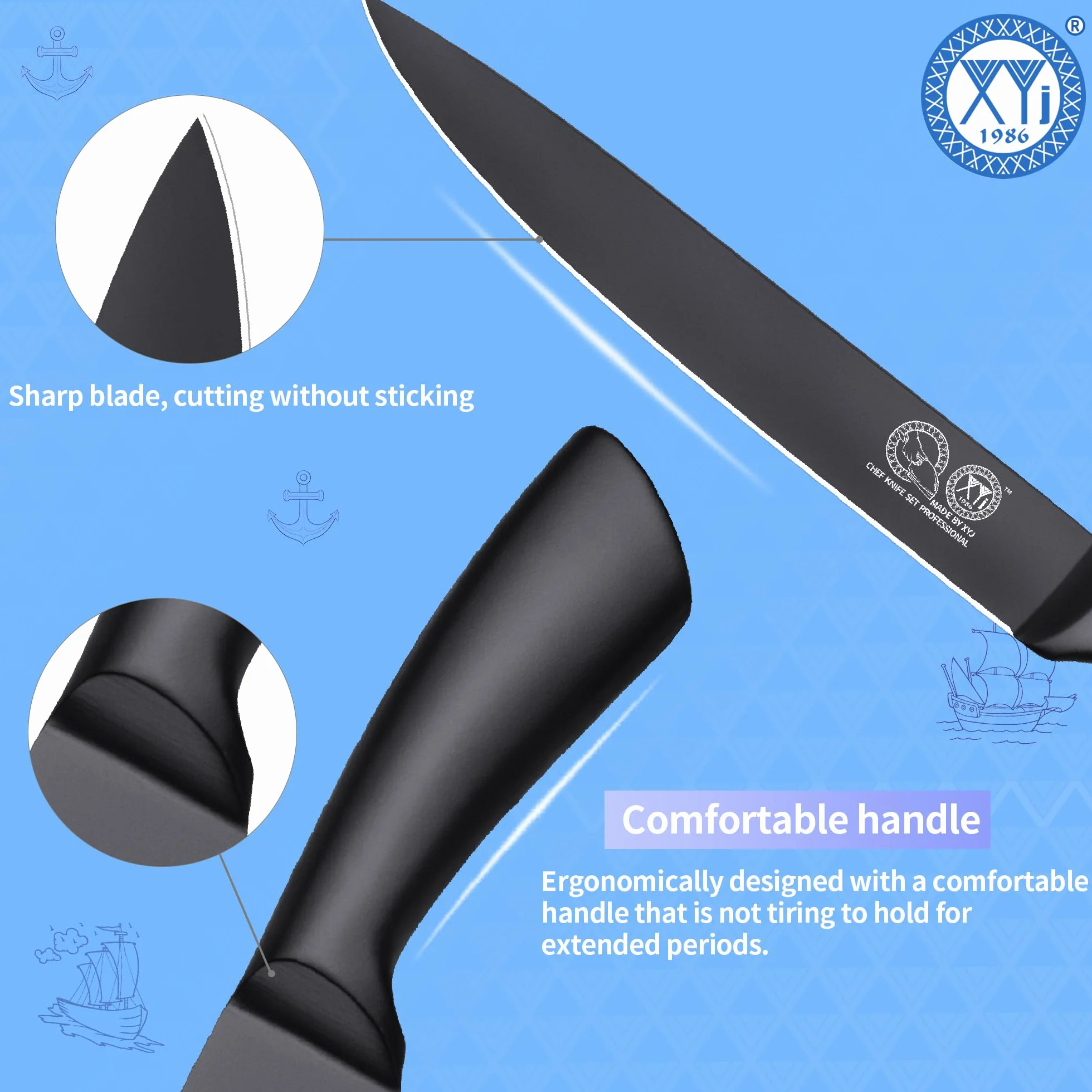 XYJ Kitchen Knife,8 Inch Black Stainless Steel Brisket Knife,Professional Chef Knife,Carving Boning Meat Cleaver BBQ Knife with Ergonomic Handle,Plastic Sheath