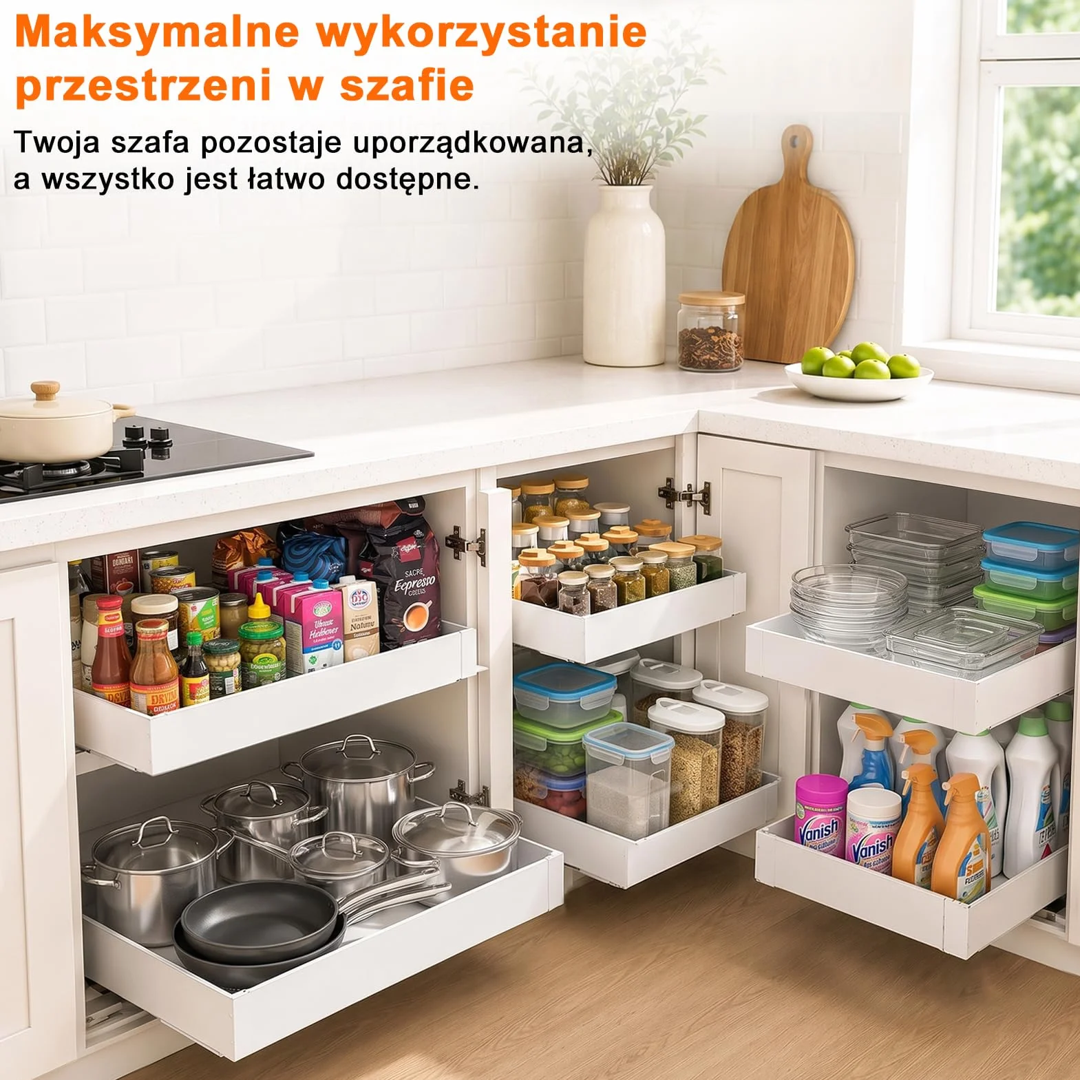 PNNP Wysuwana szuflada do kuchni: Szafa teleskopowa - wysuwane kosze kuchenne o regulowanej szerokości (32-53 cm szer. x 43 cm szer. x 7 cm) - biały