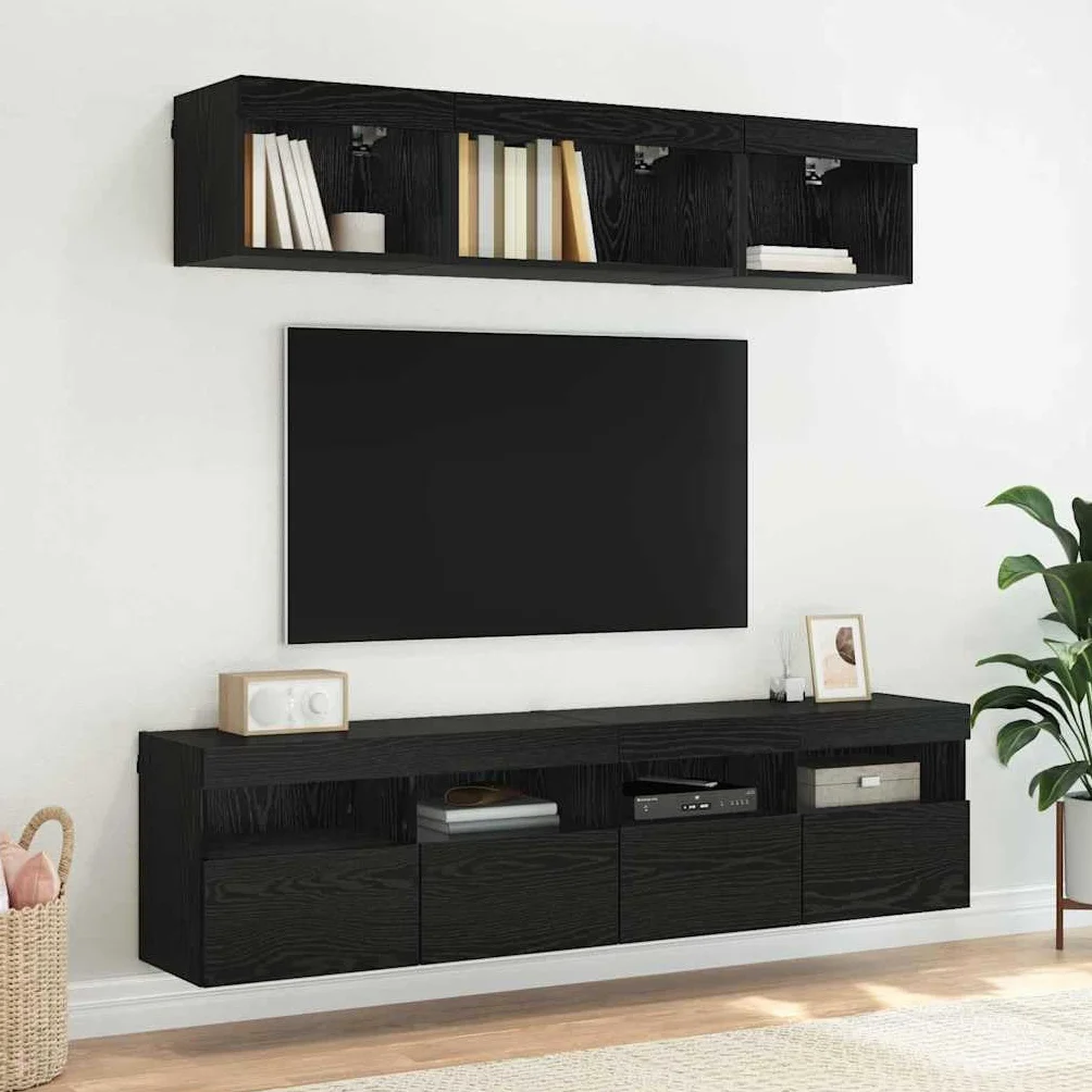 Regały ścienne do telewizora, zestaw 2 sztuk, wygląd czarnego dębu, 80 x 30 x 40 cm, materiał drewnopochodny, z oświetleniem LED, montowane na ścianie do salonu