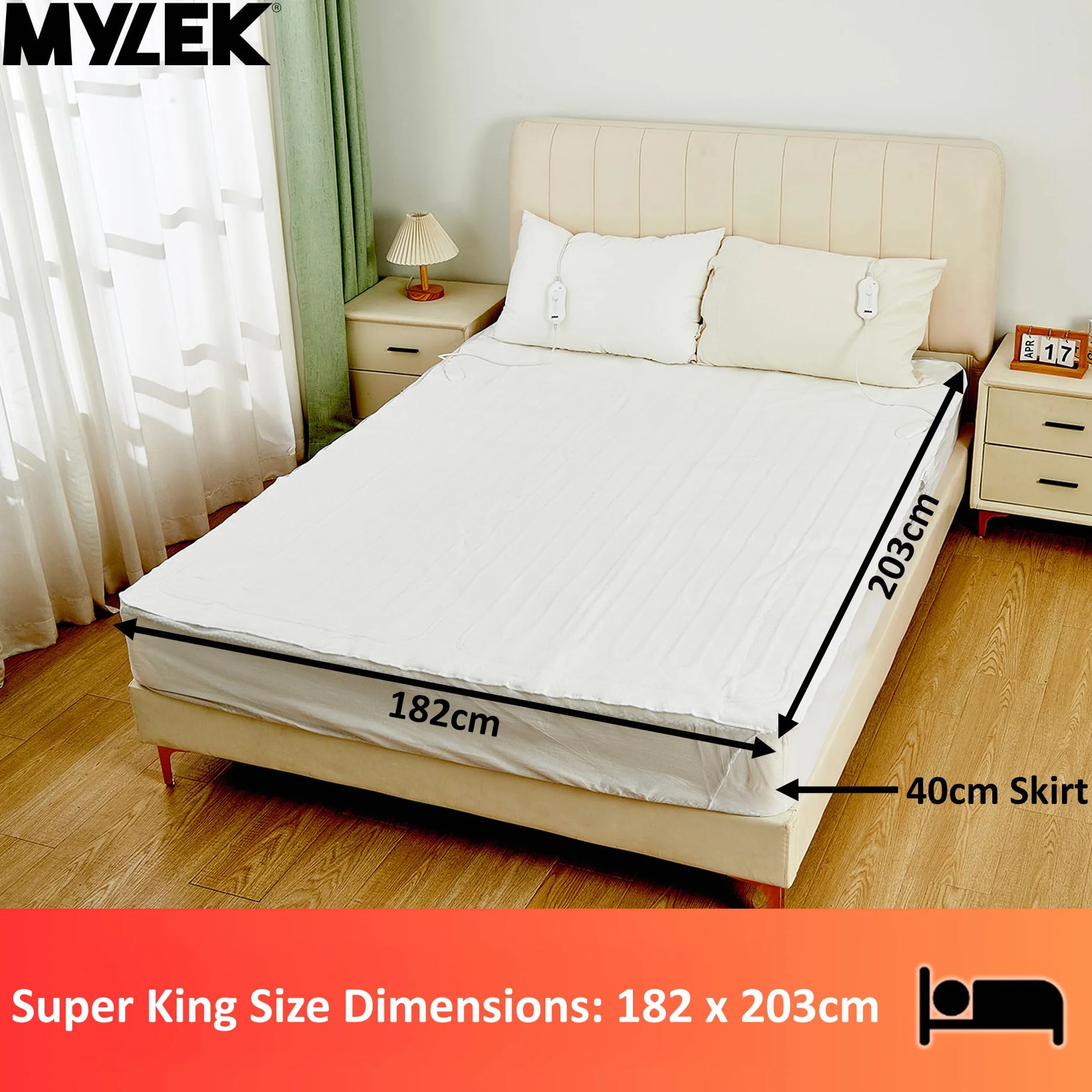 Mylek Koc elektryczny na łóżko super king-size, dopasowany, podgrzewany pokrowiec na materac, podwójna kontrola, z elastyczną spódnicą, rozmiar 203 x 182 cm x 40 cm, ochrona przed przegrzaniem,