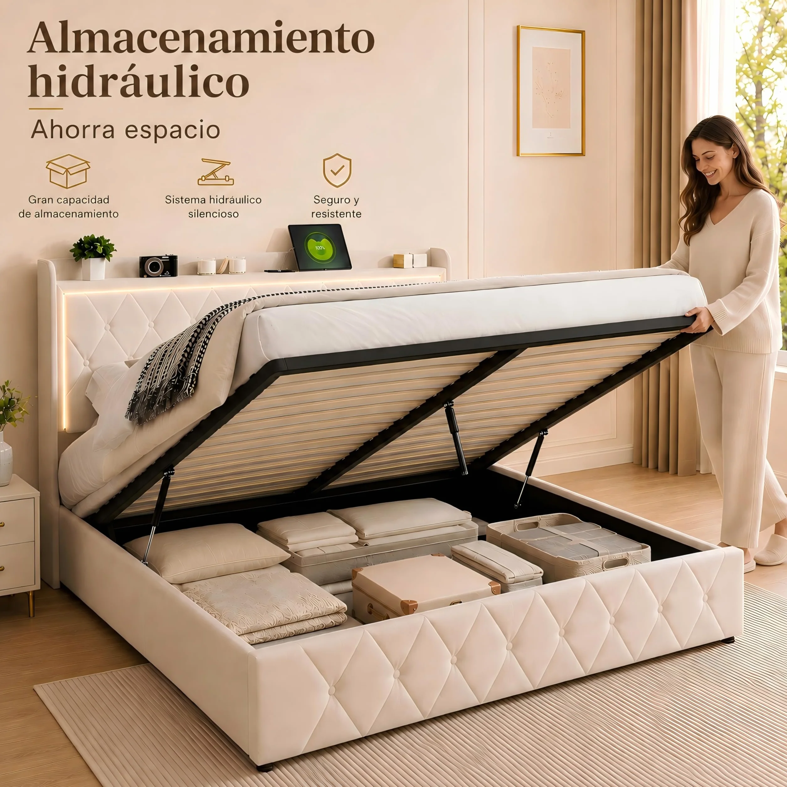 MOTUZP Łóżko tapicerskie o wymiarach 140 x 190 cm z hydraulicznym schowkiem, zagłówek z oświetleniem LED i USB typu C, zagłówek do przechowywania, funkcjonalne łóżko dla dorosłych i młodzieży, bez