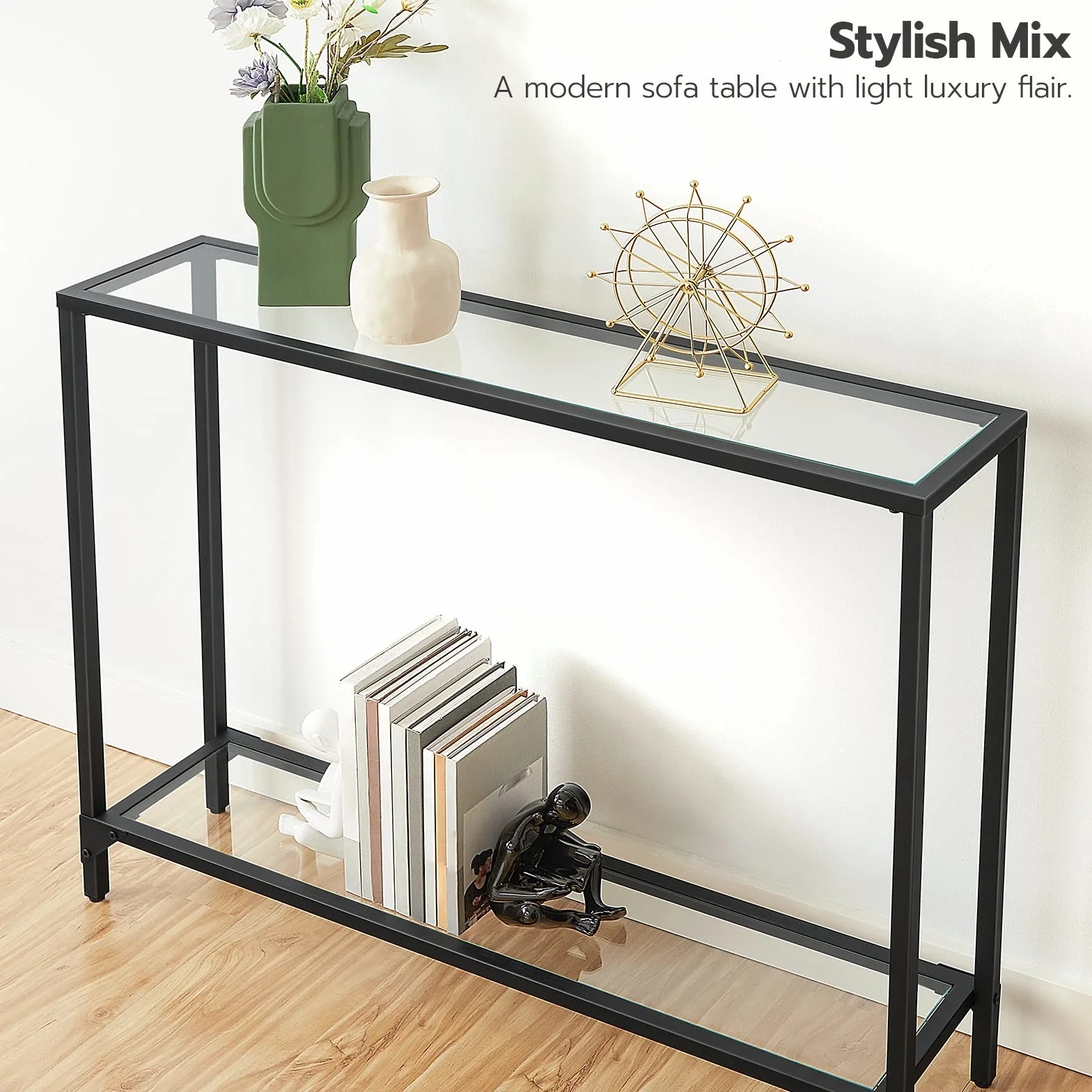 HOOBRO EBK04XG01 Stolik konsolowy ze szkła hartowanego, wąski stolik do przedpokoju z 2 półkami, 100 x 22 x 80 cm, stolik na sofę ze szkła hartowanego, nowoczesny stół ekspozycyjny do salonu, mała