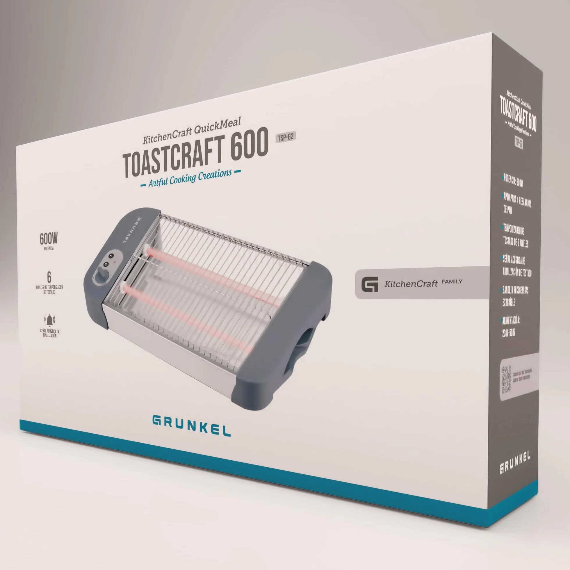 Grunkel - Płaski toster do wszystkich typów głowic i pieczonych potraw o mocy 600 W, timer z 6 poziomami i crumbą, model TSP-G2