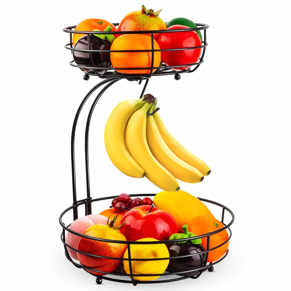 Auledio Kosz na owoce z uchwytem na banana, 2-poziomowa metalowa miska na owoce, kosz na chleb, stojak na warzywa, do kuchni, czarny