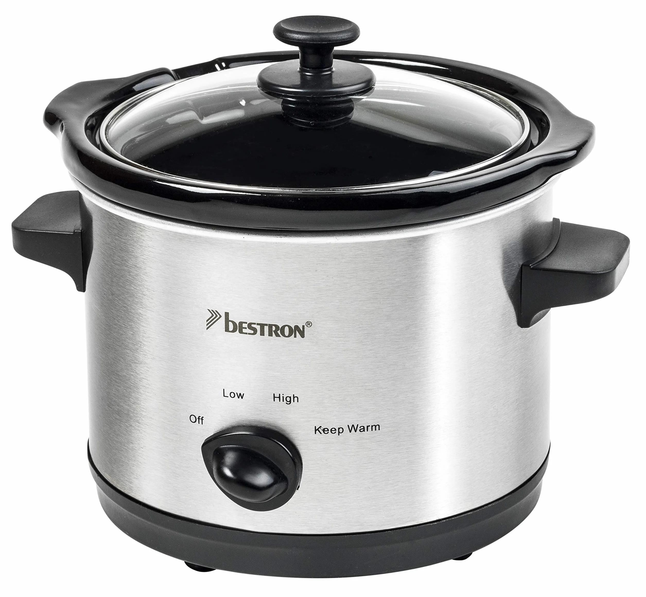 Bestron Slowcooker 1,5 L dla 2 osób, wolnowar z ceramiczną patelnią i szklaną pokrywką, 3-stopniowy termostat, srebrny