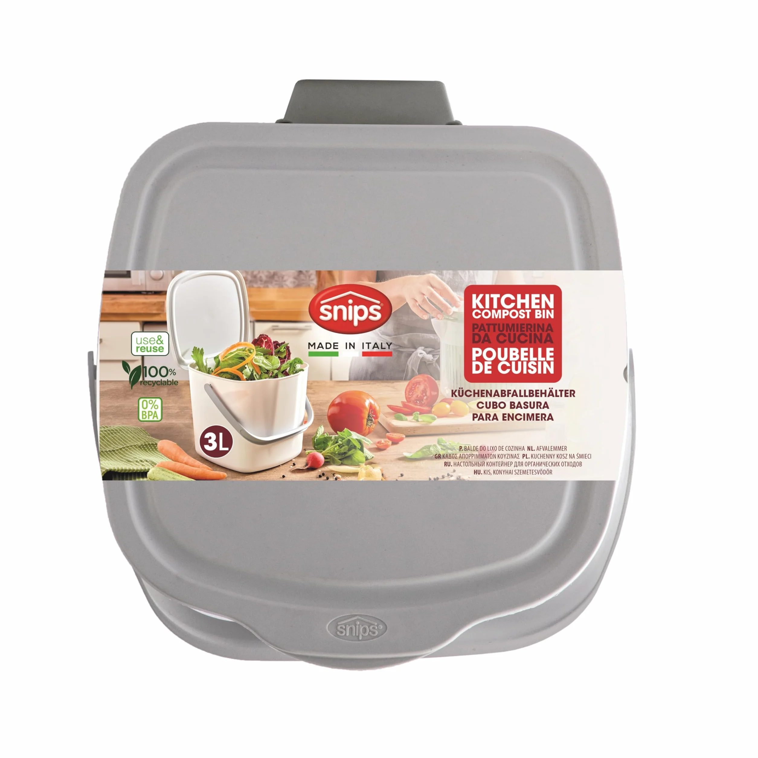 Snips Kosz na odpady organiczne, kosz na kompost, kosz na śmieci z pokrywką i uchwytem, 3 l, ekologiczny kosz na śmieci, do kuchni, 20,5 x 18,5 x 16,7, wyprodukowano we Włoszech, szary, nie zawiera