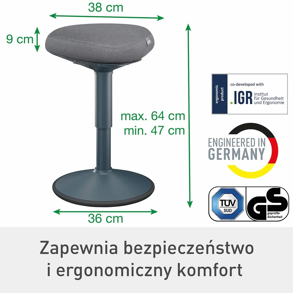 Stołek Leitz Ergo Active z Unikalną Komfortową Poduszką z Pianki o Podwójnej Gęstości, Regulowana Wysokość od 47 do 64cm, Siedzisko w 100% z Recyklingu, Udźwig 110kg, Seria Ergo, Ciemnoszary, 65440089