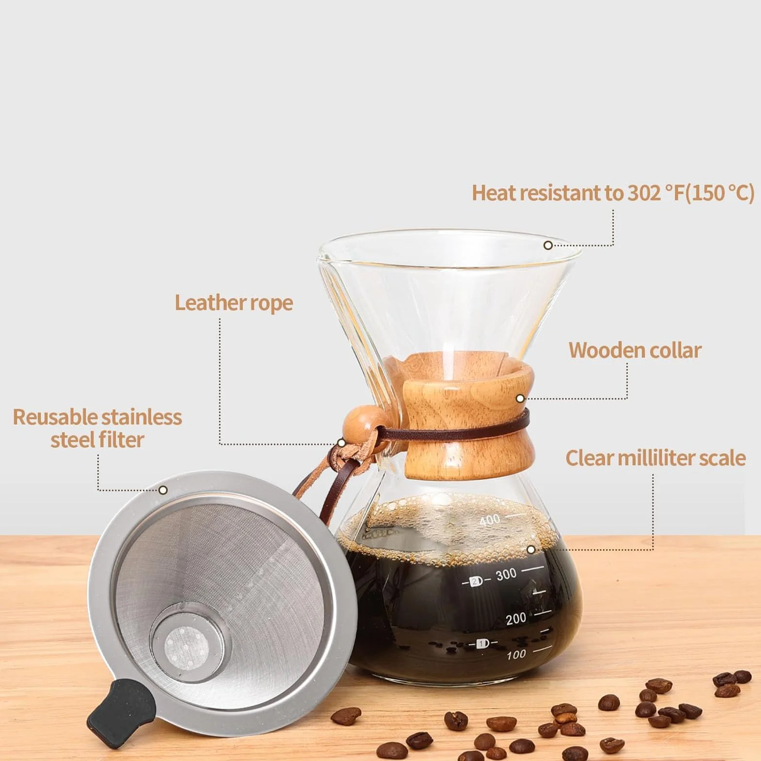 Ekspres do kawy Pour Over Coffee Maker Dripper Manual, Over Ekspres do kawy z filtrem trwałym, nadaje się do mycia w zmywarce, 3 filiżanki, 400 ml