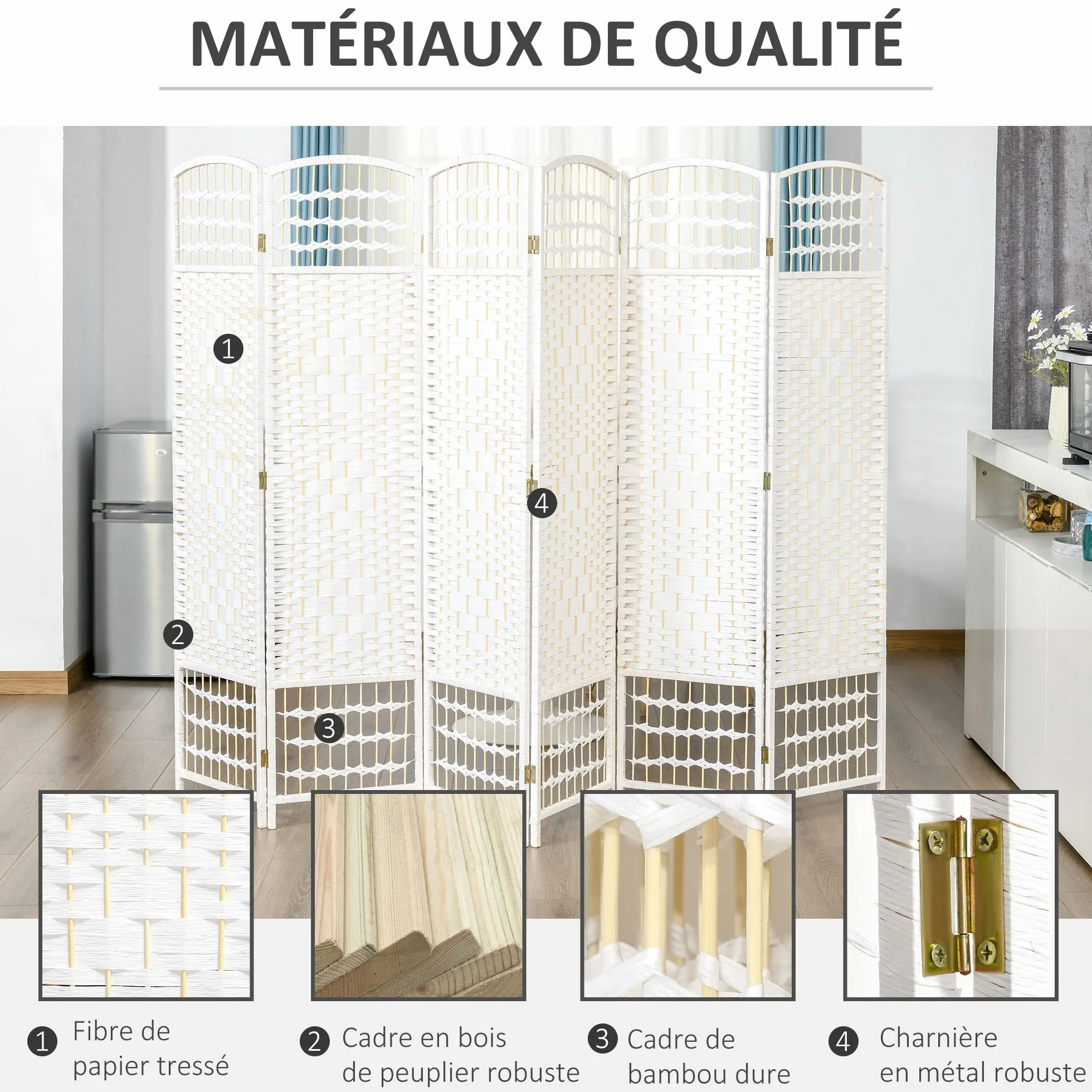 HOMCOM Parawan wewnętrzny 6 paneli składanych 242 L x 170H cm Przegroda pokojowa Drewno topolowe Bambusowe Włókna papierowe plecione Biała Słoma