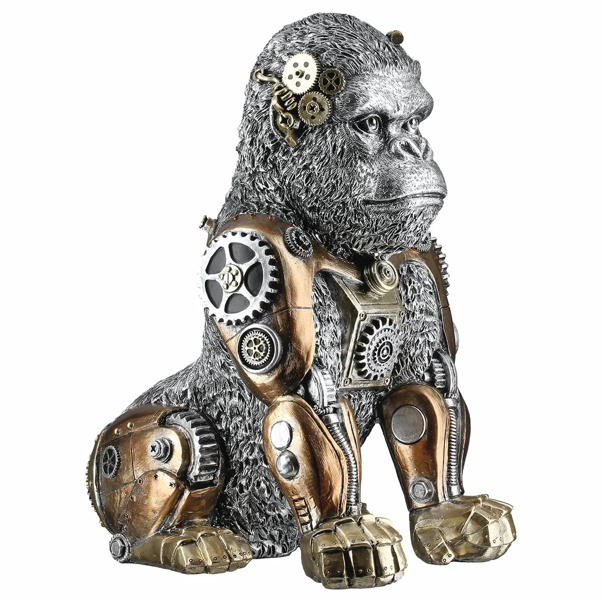 GILDE Figurka Steampunk goryl z żywicy syntetycznej, kolor srebrny, antyczne wykończenie, metaliczny wygląd, motyw koła zębatego, wysokość 31 cm
