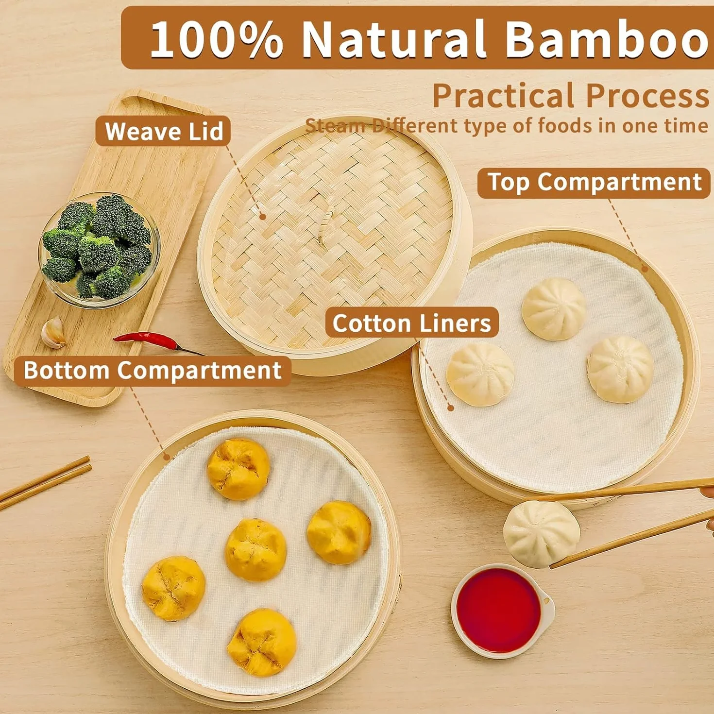 Parowar bambusowy 20 cm, 2 poziomy, do ryżu, Dim Sum, warzyw, ryb i mięsa, w zestawie 5 bawełnianych ściereczek