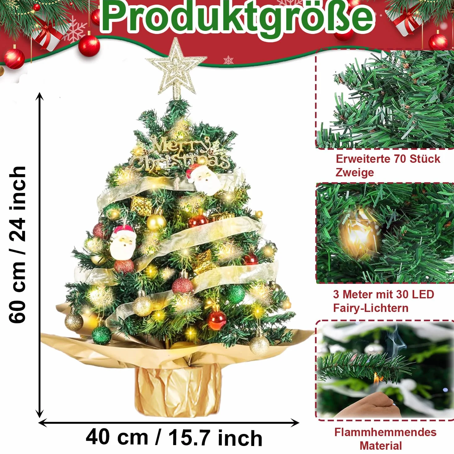 mini choinka 60 cm, mała choinka z oświetleniem LED, choinka stołowa, mała, sztuczna, ozdobiona na dekoracje bożonarodzeniowe i potrzeby imprezowe - zielona
