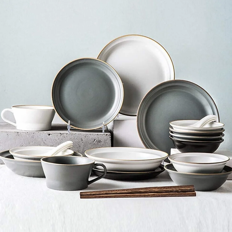 Eleganckie naczynia talerz miska zestaw, zestawy obiadowe dla 4 osób, zestaw obiadowy nowoczesny - talerze i miski z serii Morandi - matowe naczynia ceramiczne - modny styl nordycki - zmywarka i kuch