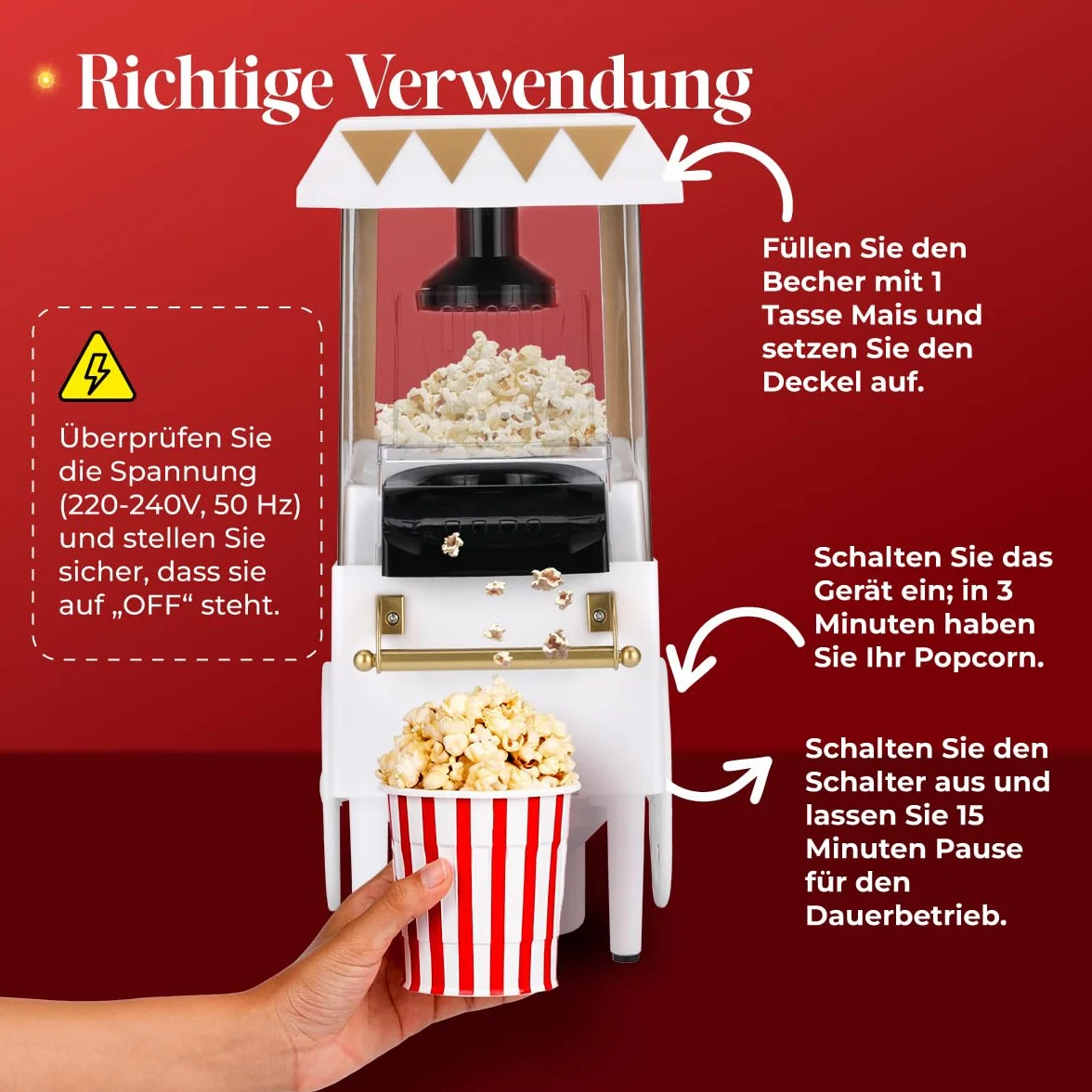 NK Retro popcorn elektryczny maszyna do popcornu 1200 W, łatwy w użyciu przycisk, gotowy do przygotowania w 2 minuty, gorące powietrze, rozmiar 0,3 l, przenośny, idealny do domu (biały)