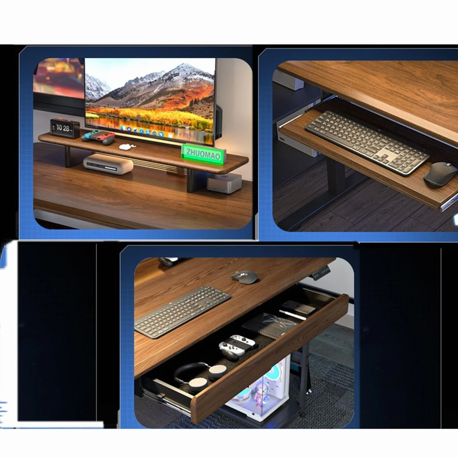 Elektryczne biurko z regulacją wysokości, inteligentne biurko komputerowe do domowego biura i gier, brązowe, 120 x 60 x 66 cm, 95 cm, ergonomiczne biurko do pracy