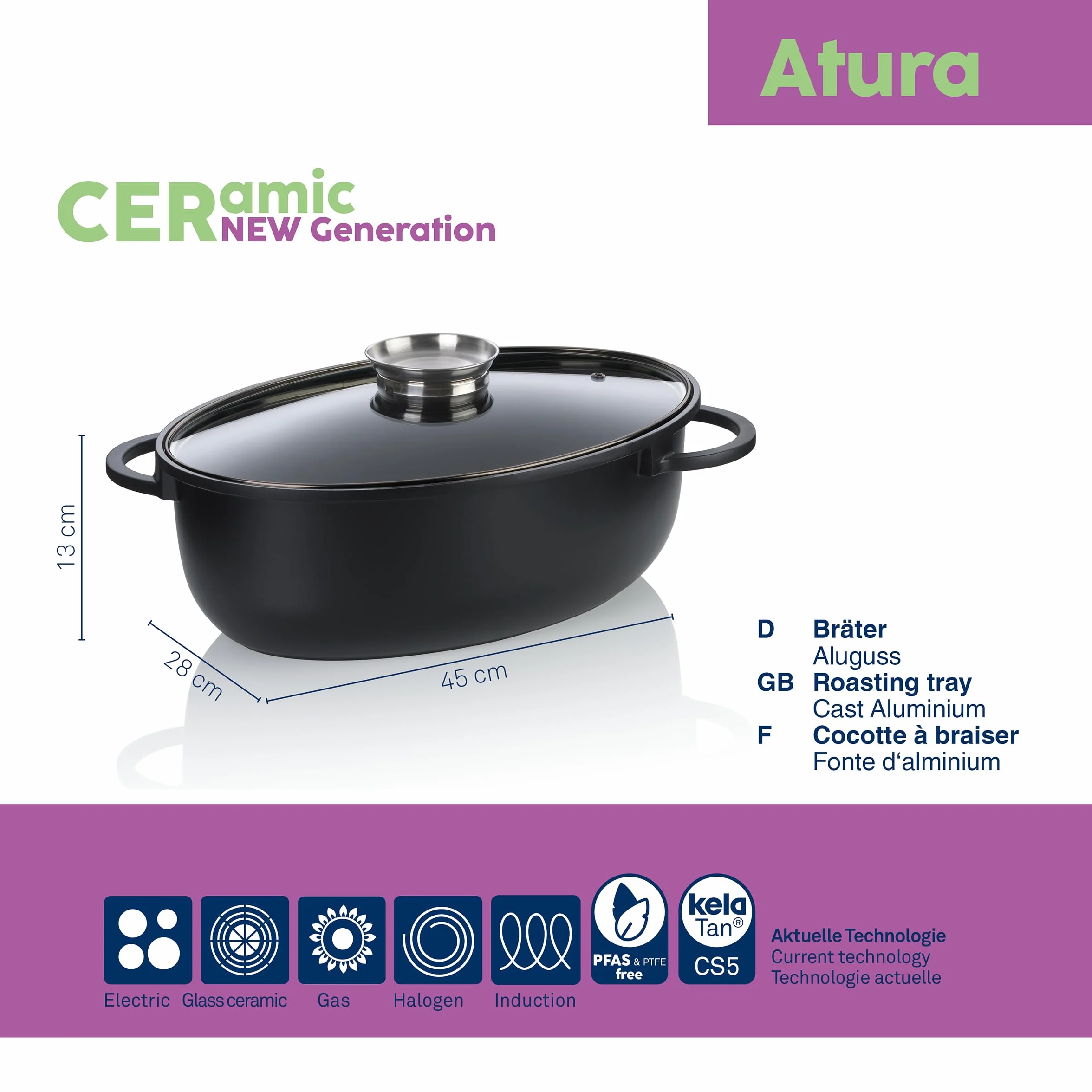 kela ATURA patelnia owalna, 8 litrów, Dutch Oven, żeliwna brytfanna z pokrywką, indukcyjna, odlew aluminiowy, powlekany ceramiką, nie zawiera PFAS