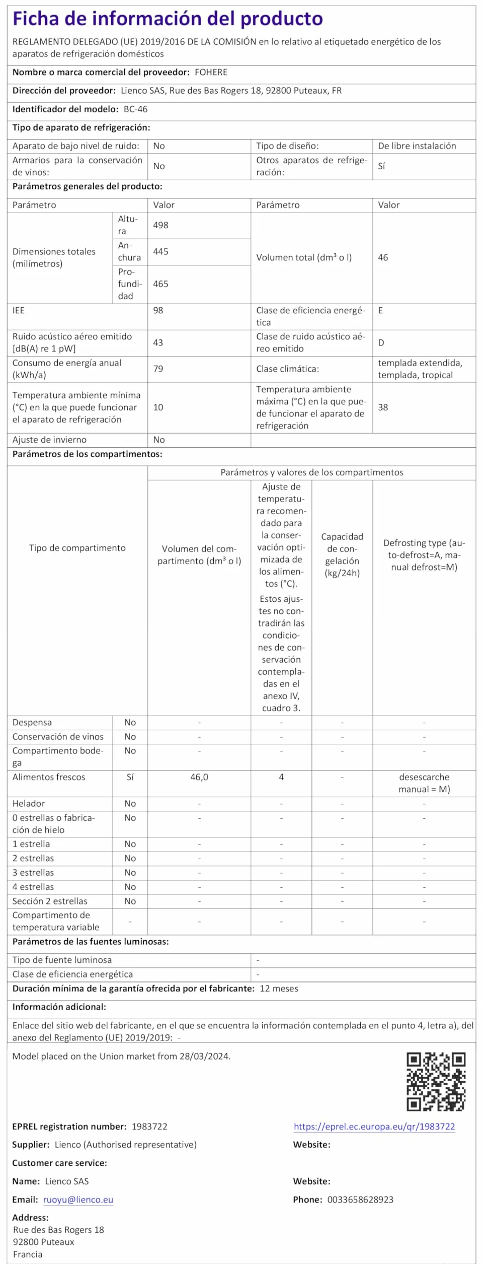 Mini lodówka FOHERE 46 l z komorą na lód | Chłodziarka do napojów | Kontrola temperatury, energooszczędna, cicha | Mała lodówka idealna do kuchni, biura, sypialni | Odwracalne zawiasy drzwi | Biała
