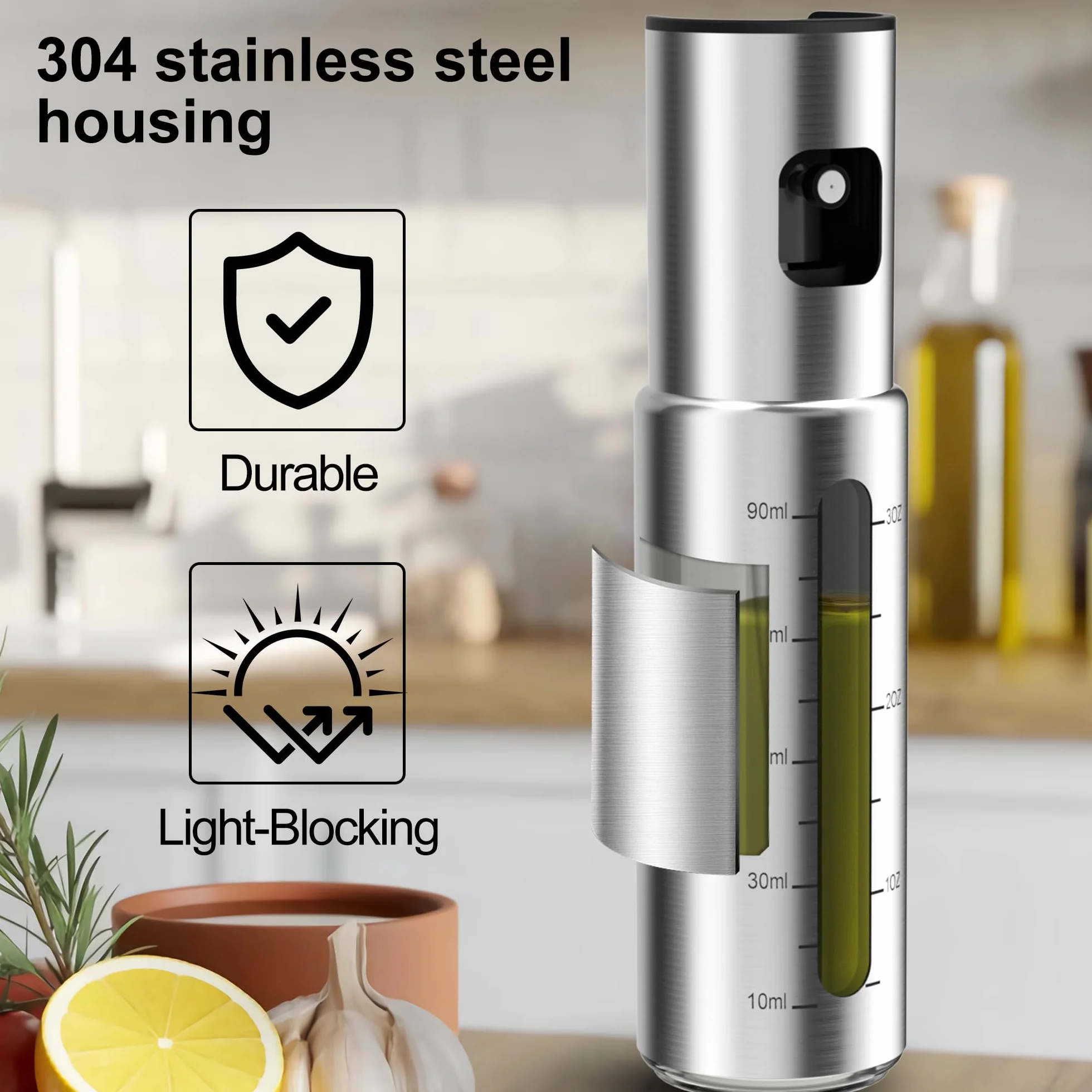 KitchenBoss Rozpylacz Oleju do Smażenia Oliwy z Oliwek: 100ml Stalowy Rozpylacz do Frytkownicy Powietrznej, Sałatek, BBQ