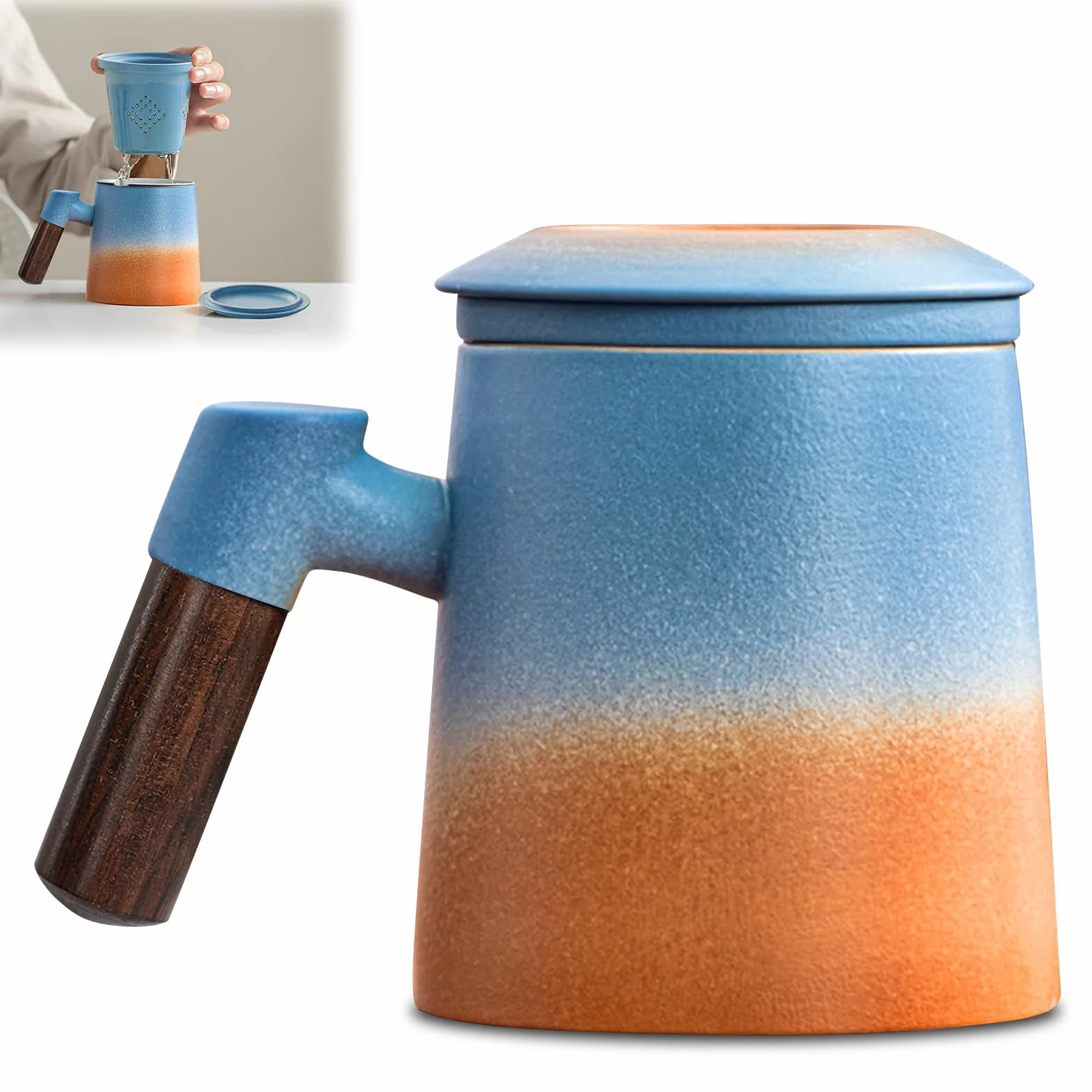 SUNOYA Filiżanka do herbaty z pokrywką i sitkiem, 400 ml, drewniany uchwyt, kubek do herbaty, matowa ceramiczna filiżanka