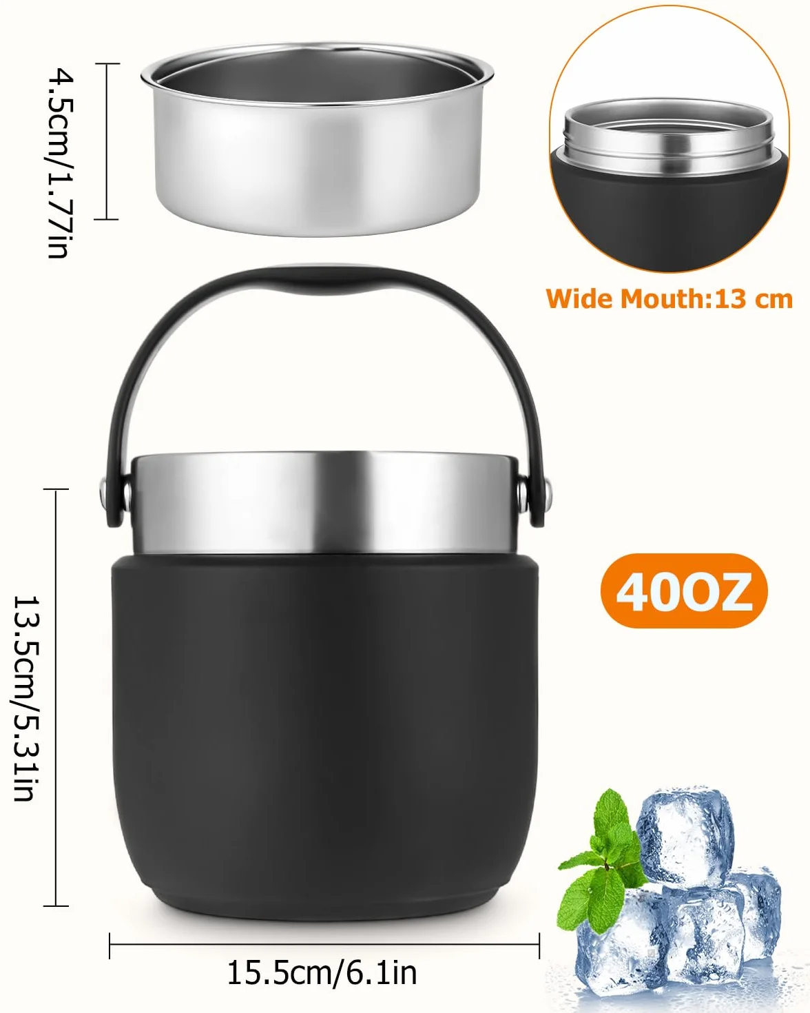 Pojemnik termiczny do jedzenia, 1200 ml, miska termiczna z pokrywką, pojemnik utrzymujący ciepło ze stali nierdzewnej ze składaną łyżeczką, pudełko na lunch dla dzieci i dorosłych, do przechowywania