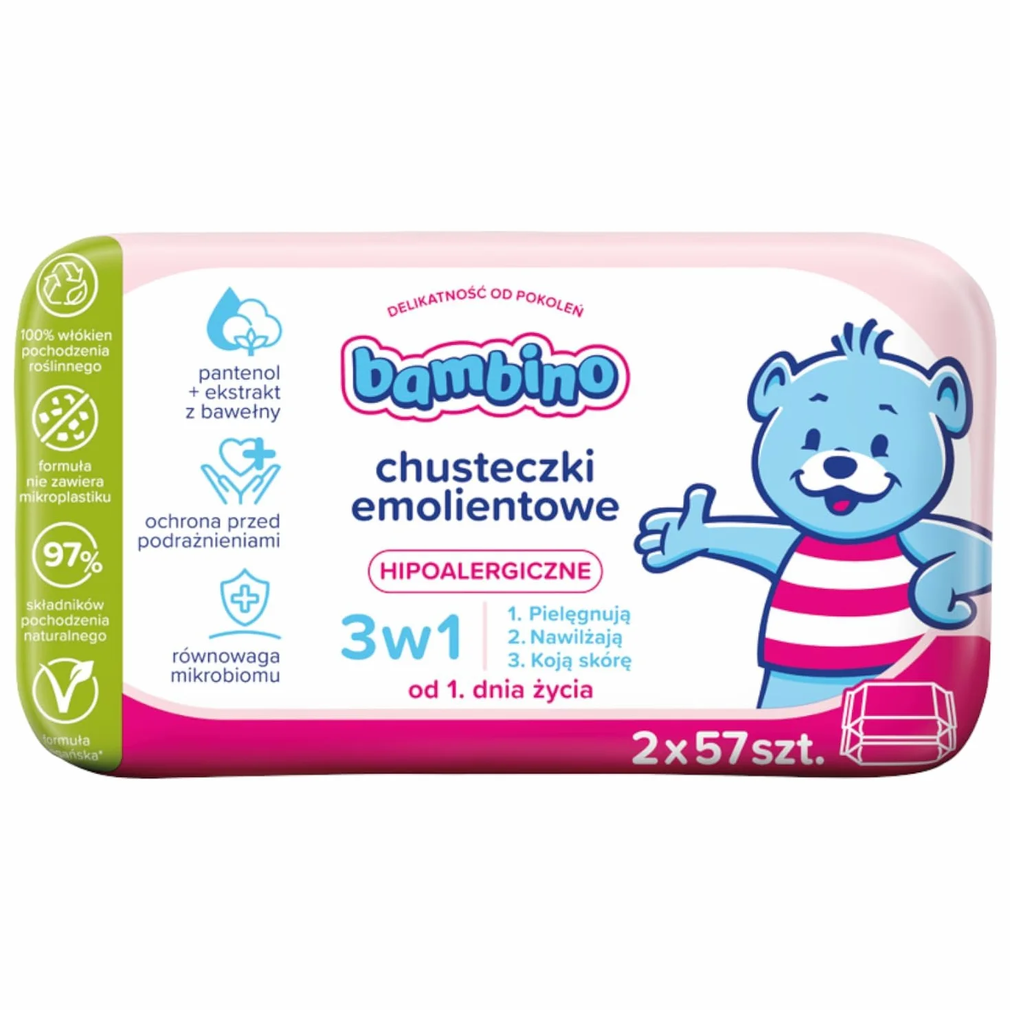Bambino Chusteczki Emolientowe 3w1 Duopack – 2×57 sztuk, hipoalergiczne dla niemowląt od 1. dnia życia, z pantenolem, witaminą E i bawełną, 97% składników naturalnych