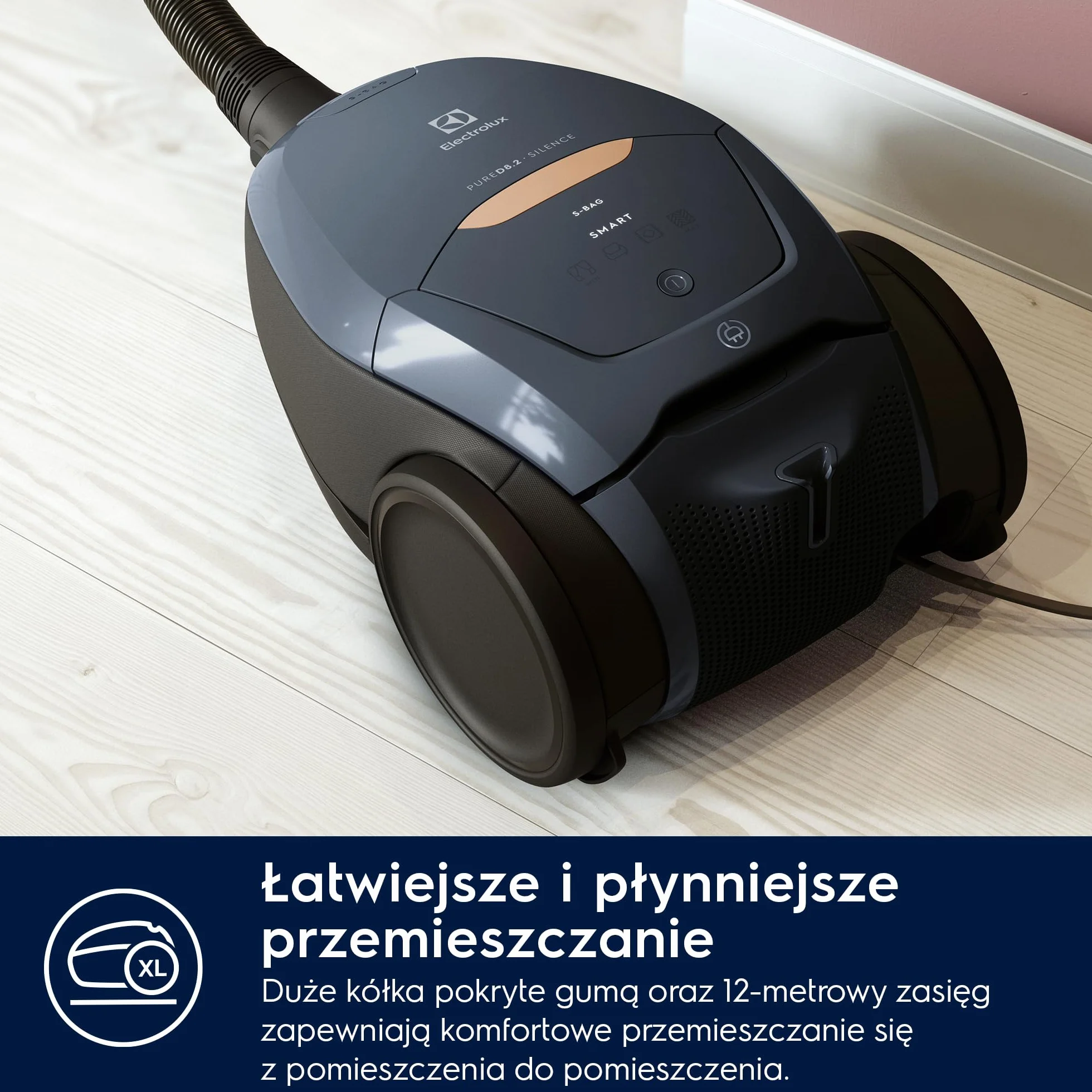 Electrolux Odkurzacz Workowy Pure D8 Silence PD82-8DB, Cicha praca 57dB, Moc 600 W, Automatyczna regulacja mocy, Zasięg 12 m, Szczotka do parkietów, Ssawka 3w1, Zmywalny filtr Hygiene 12, Niebieski