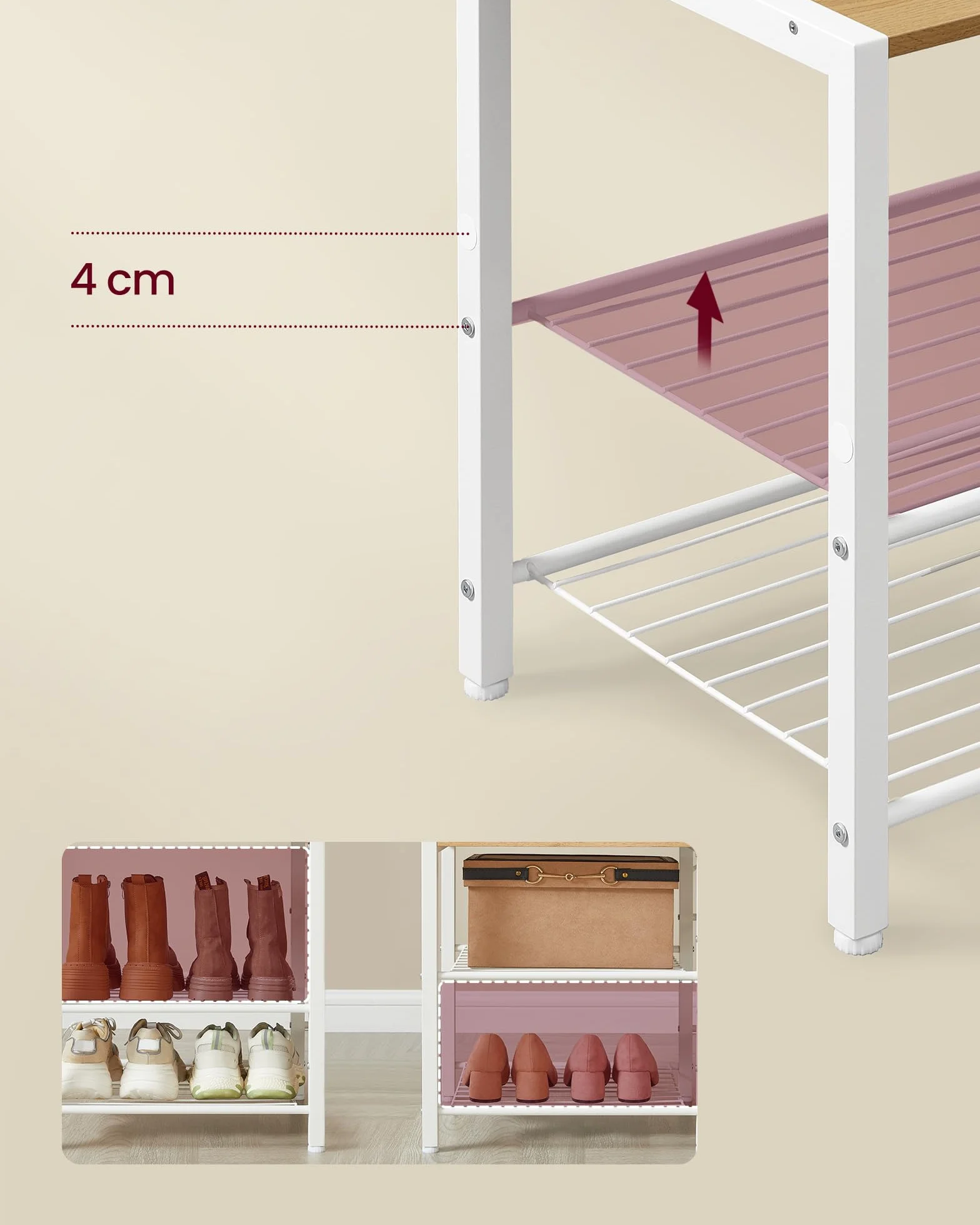 VASAGLE Wieszak z ławką na buty, wieszak na ubrania, 5 półek z płyty wiórowej, 9 potrójnych haczyków, 6 haczyków bocznych, 40 x 120 x 190 cm, kolor złotego dębu chmura biała HSR426Y01