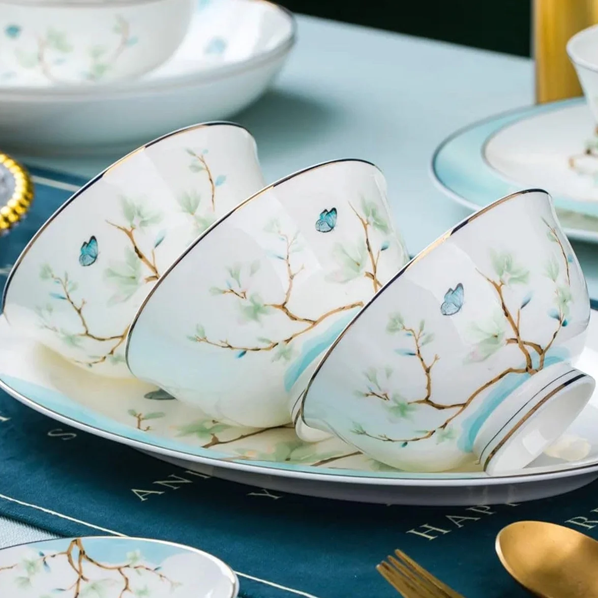H3TF5J Angielski zestaw stołowy porcelanowy, 60 sztuk kości China, zastawa stołowa, niebieski kwiatowy wzór ceramiczny, kuchenka mikrofalowa i zmywarka