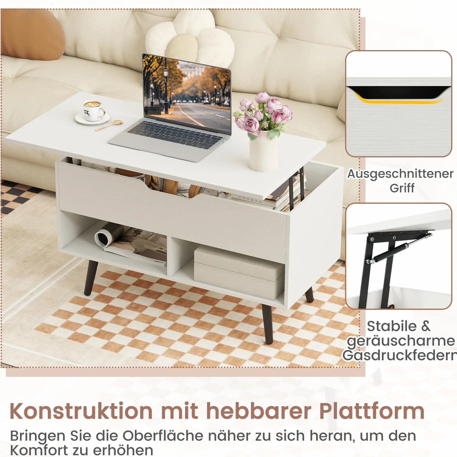 COSTWAY Drewniany stolik kawowy z regulacją wysokości, podnoszonym blatem i 2 otwartymi półkami, wysuwany stół do salonu, biura, 80 x 40 x 44,5-58 cm (biały)