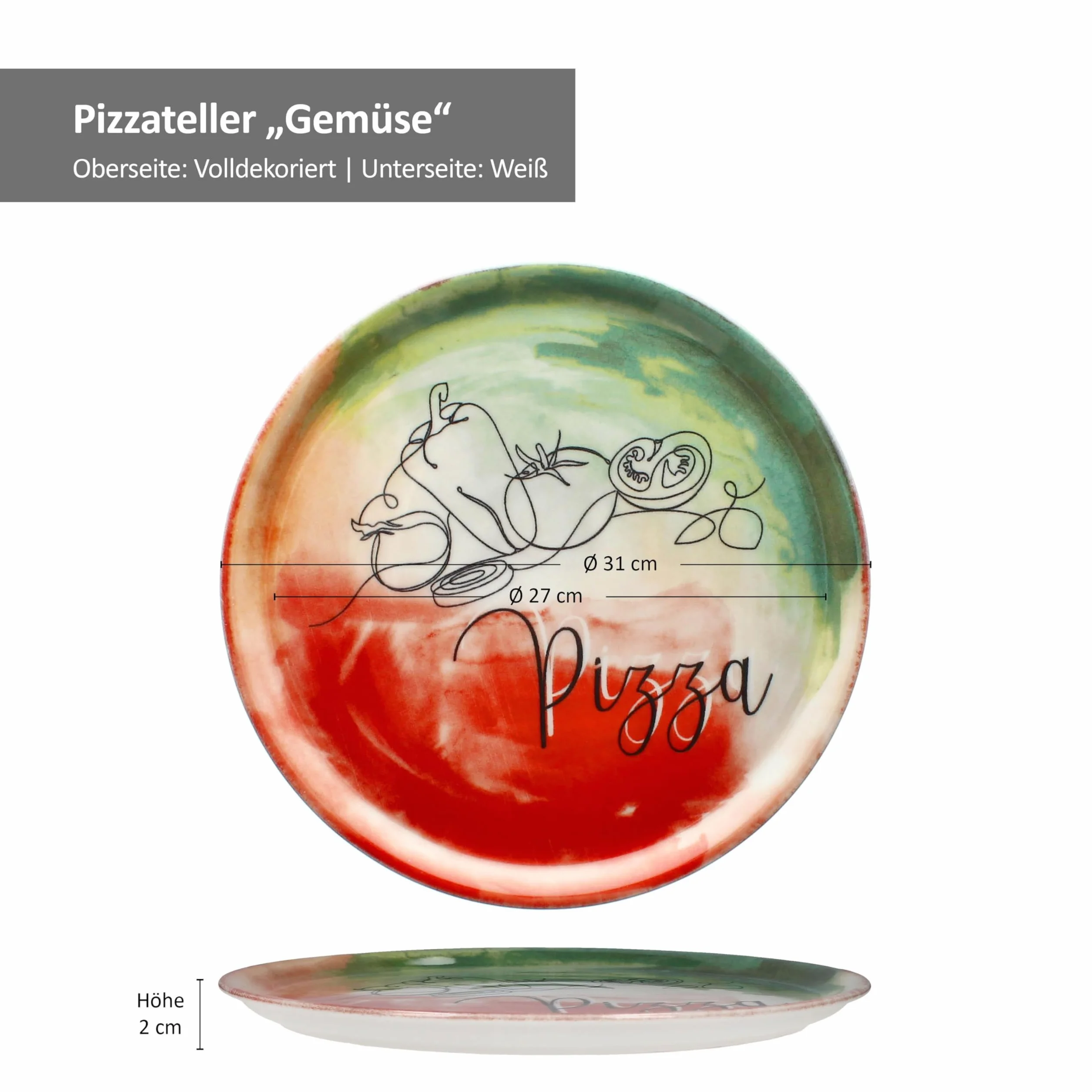 MamboCat Zestaw 4 talerzy do pizzy z warzywami i olejami, Ø 31 cm, dla 4 osób, duże talerze do pizzy z porcelany z dekoracją i napisem, do pizzy lub do przyrządzania I talerz obiadowy XL, półmisek do
