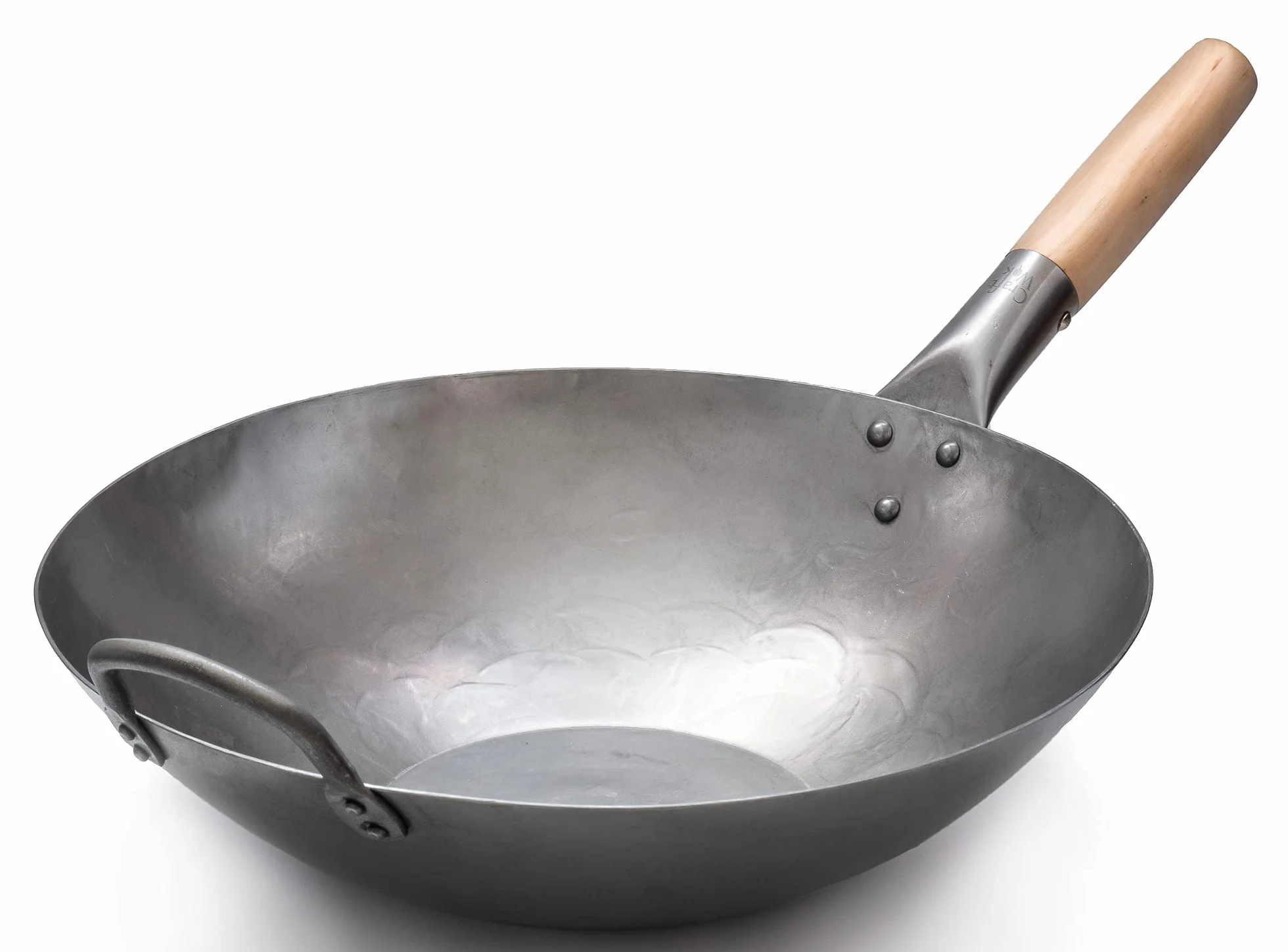Craft Wok 731W316 ręcznie młotkowany wok ze stali węglowej z drewnianym i stalowym uchwytem pomocniczym, 35 cm, płaskie dno