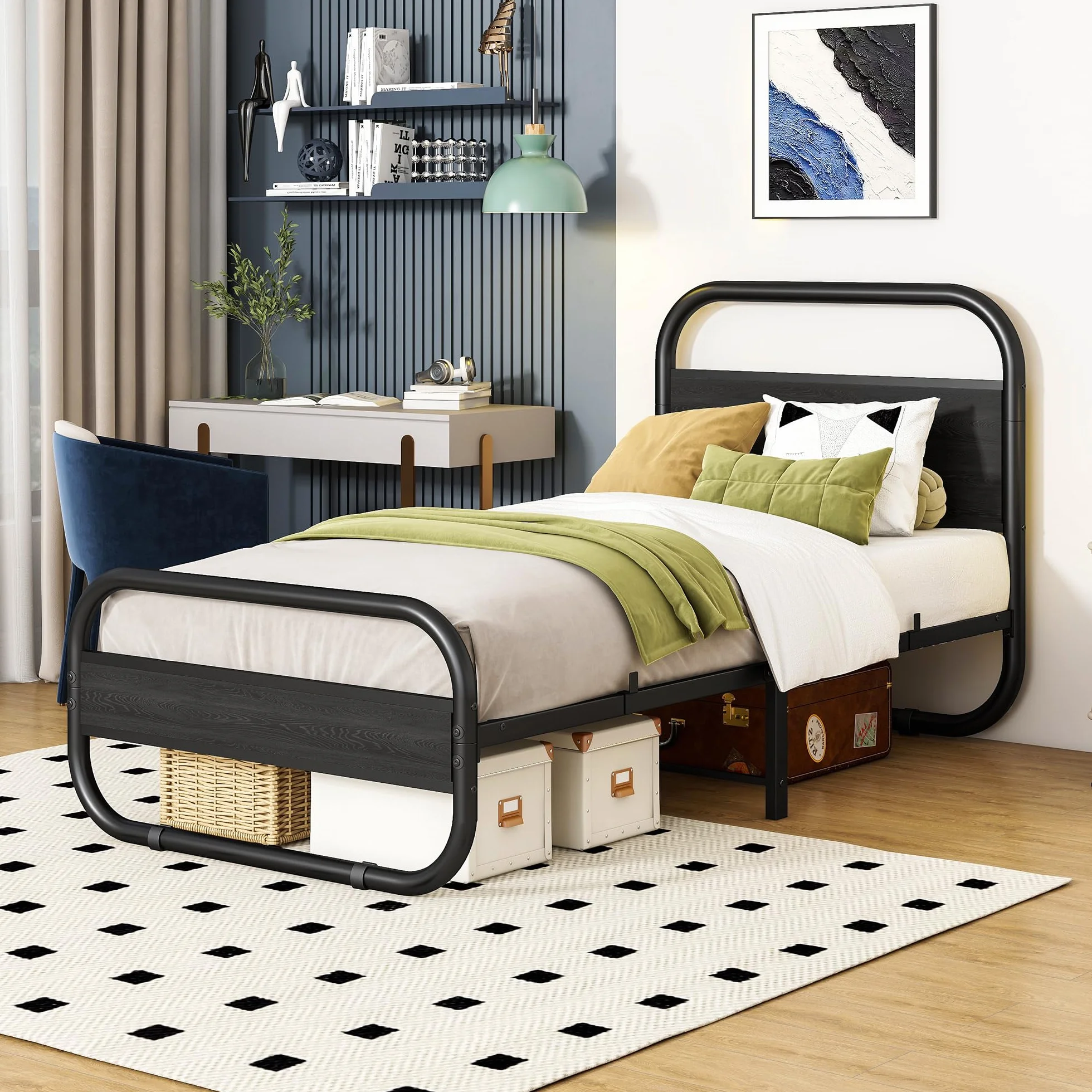 HOMERECOMMEND Łóżko 90 x 200 cm, rama łóżka z metalu i drewna, z listwą dolną, rama łóżka 90 x 200 cm, z zagłówkiem, owalne łóżko z platformą do przechowywania pod łóżkiem, czarna