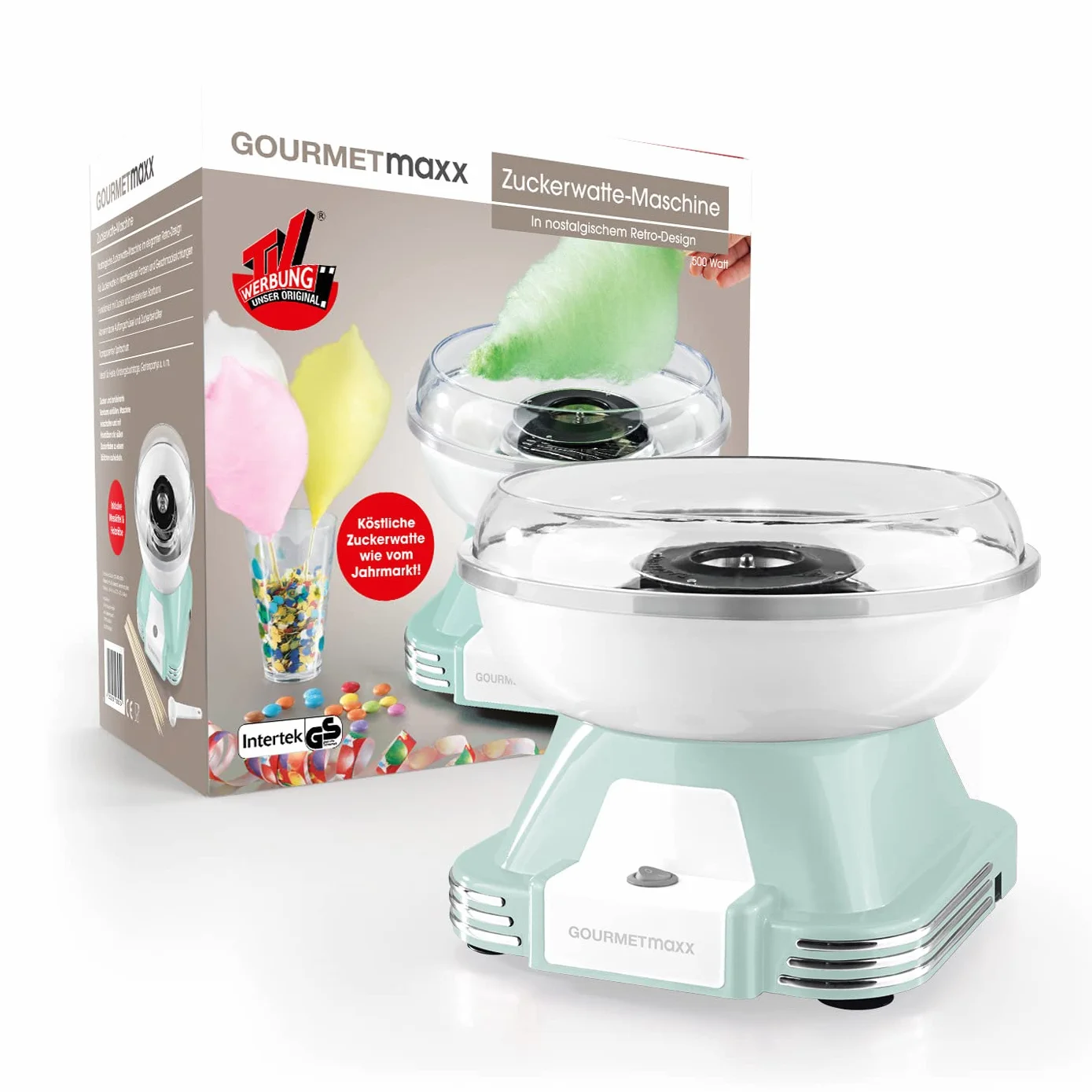 GOURMETmaxx Maszynka do waty cukrowej do domu, oryginał z 10 pałeczkami i łyżeczką pomiarową w nostalgicznym wzornictwie retro w kolorze miętowym | Cotton Candy najwyższej jakości na każdą okazję