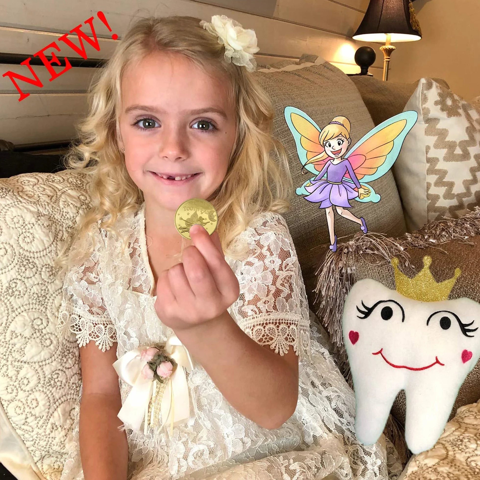 20 sztuk Zębów Fairy Monet, Fairy Tooth Prezenty dla dziewczynek i chłopców, Zęby wróżki złote monety,brakujące zęby prezenty dla dzieci, złote zęby bajki monety (2)
