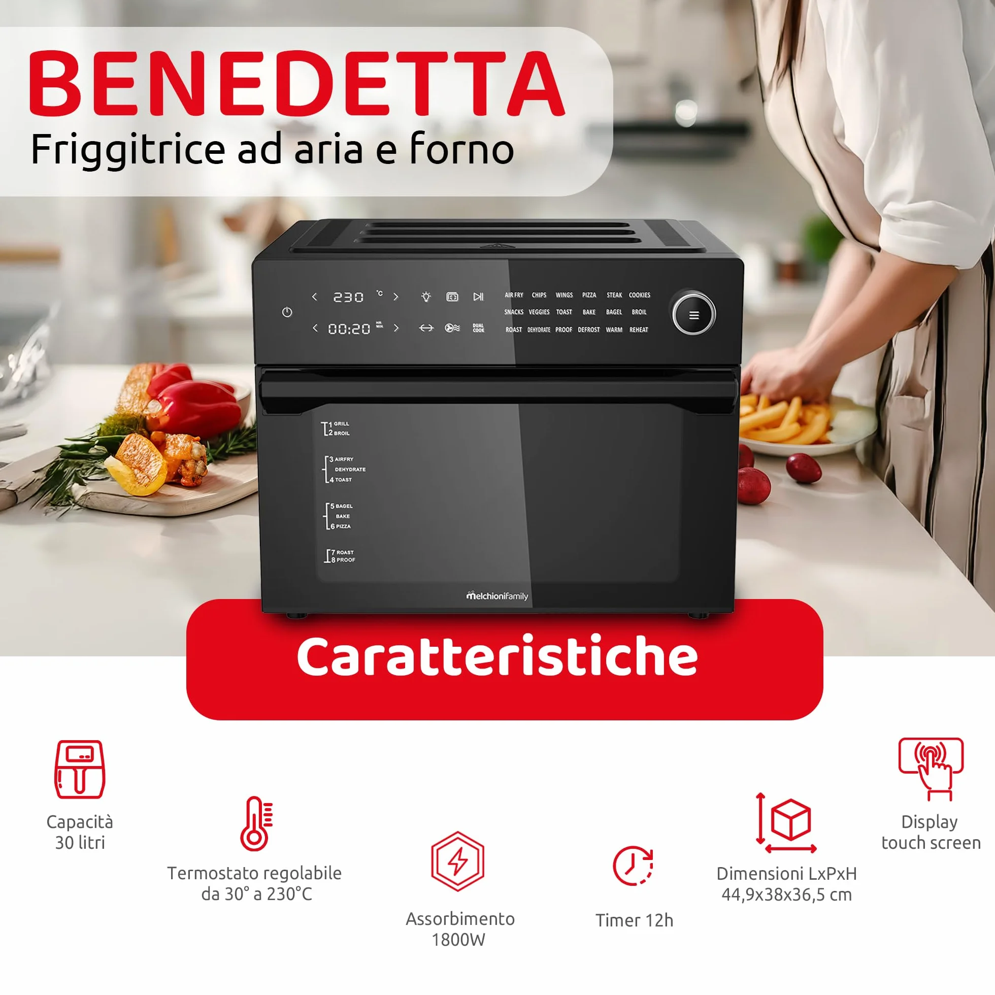 Melchioni Family BENEDETTA frytkownica powietrzna o pojemności 30 litrów, wyświetlacz cyfrowy, funkcja Dual Cook, Air Fryer z 18 programami, 30-230°, 12 h, czarny