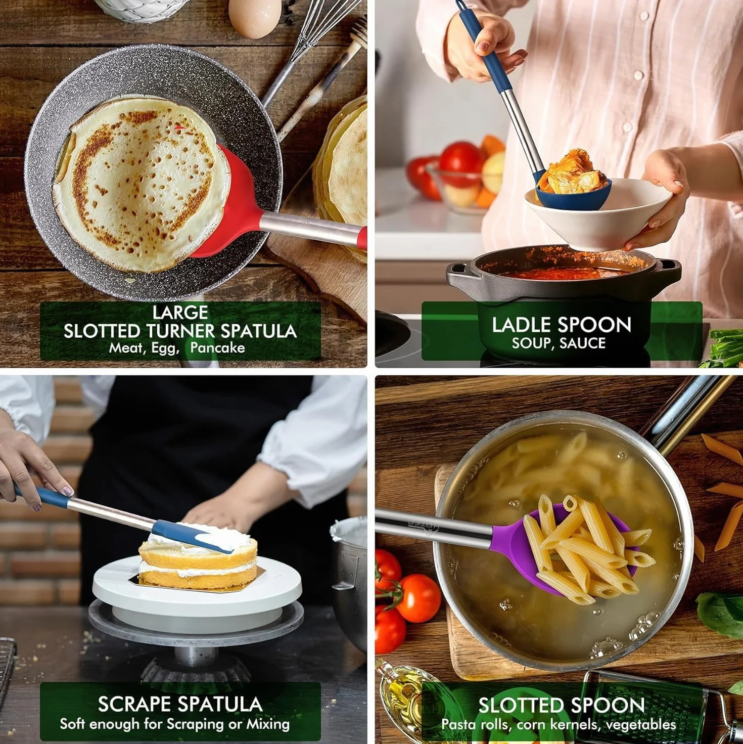 Odporne na wysokie temperatury silikonowe przybory kuchenne, zestaw szpatułek, bez BPA, gadżety kuchenne, z uchwytem na przybory ze stali nierdzewnej, nadają się do mycia w zmywarce, 14 szt.,