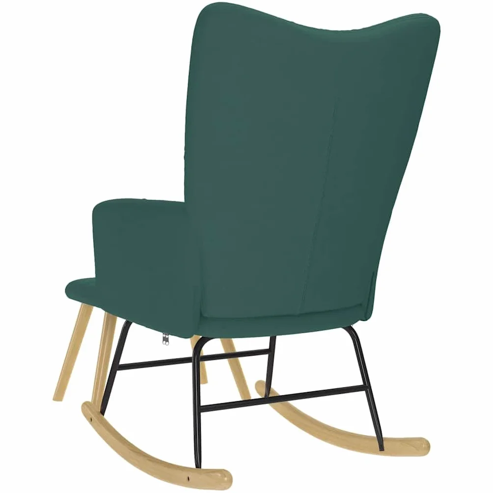 Fotel bujany z podnóżkiem, ciemnozielony materiał, tapicerowany podłokietnikiem i oparciem, ergonomiczny, drewniana rama, do salonu, na balkon, do pokoju dziecięcego, relaksu, czytania