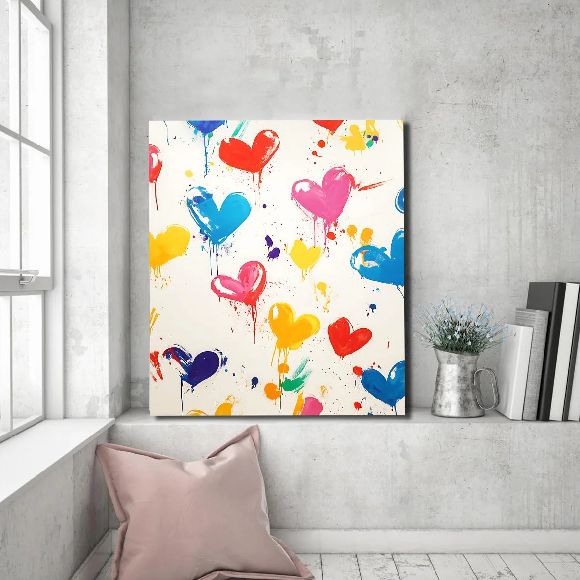 TOANGWALL Nowoczesna, żywa kreskówka płótno sztuka ścienna do przedszkola kolorowe serce farba kapie obrazy dzieła sztuki plakaty do pokoju zabaw hotel dekoracja 85 x 100 cm
