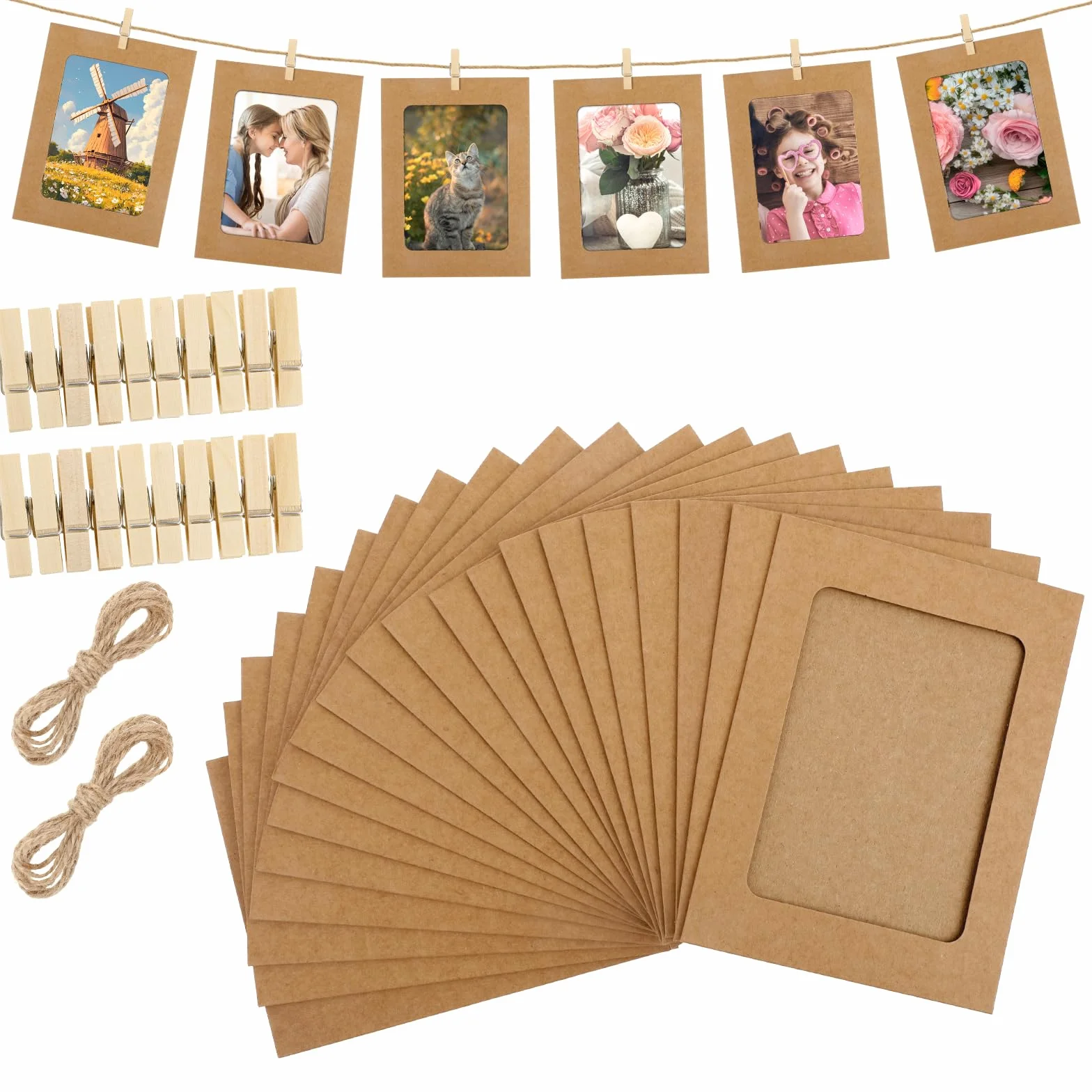 20 sztuk papierowych ramek na zdjęcia, z papieru typu kraftowego, 11,5 x 15,5 cm, linka na zdjęcia z 20 drewnianymi klamerkami, 2 sztuki, zestaw ramek na zdjęcia z kartonu, do domu, szkoły