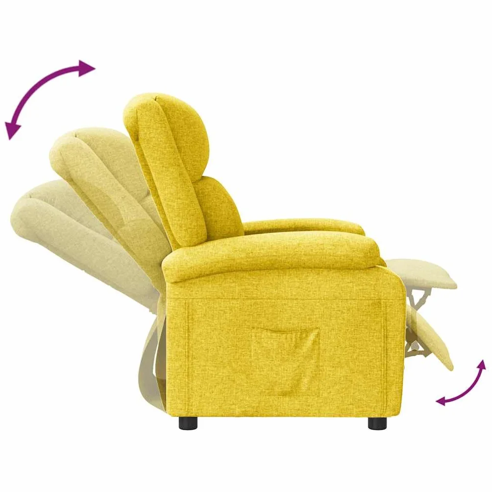 Fotel relaksacyjny, żółty, materiał z regulowanym oparciem i podnóżkiem, ergonomiczny fotel tapicerowany z drewnianą i metalową ramą, wygodny fotel do salonu, biura, kącik do czytania