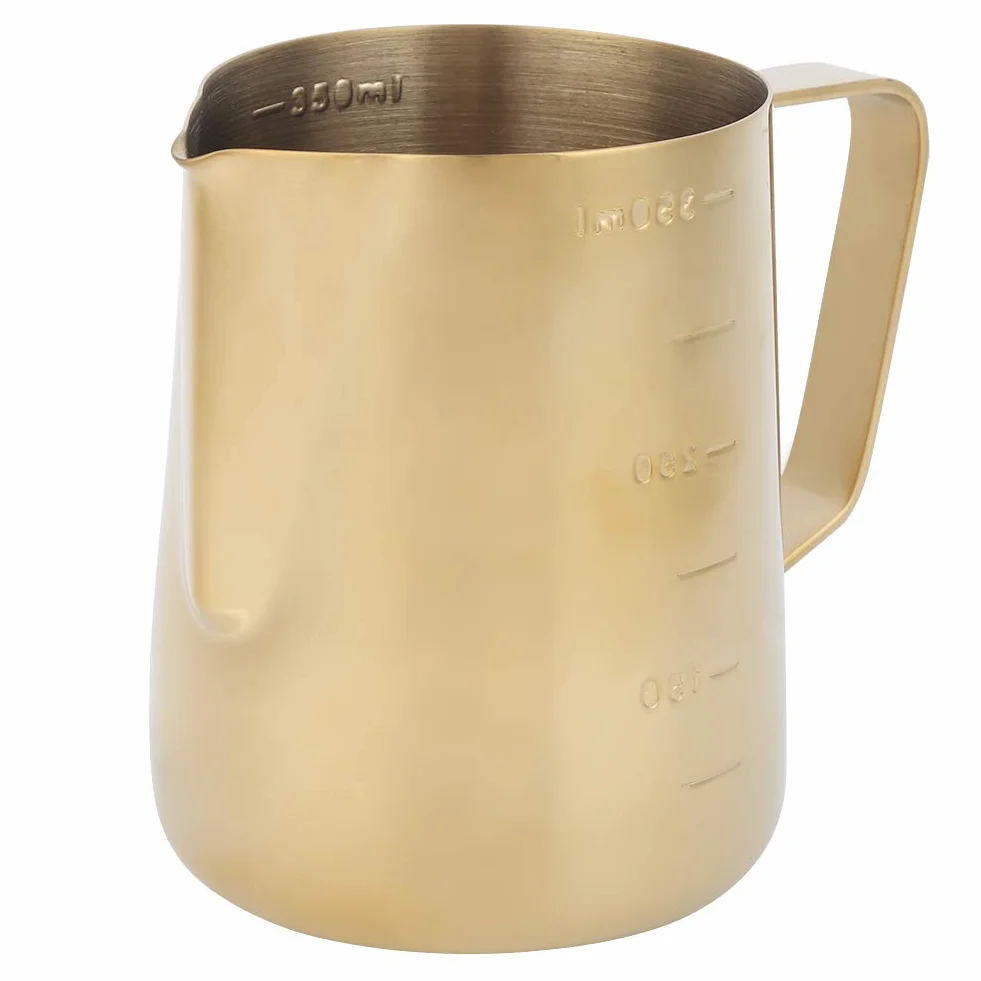 Dzbanek do spieniania, dzbanek do gotowania na parze, złoty kubek do spieniania mleka ze stali nierdzewnej, dzbanek ze skalą, do użytku domowego, kawy, latte, 350 ml