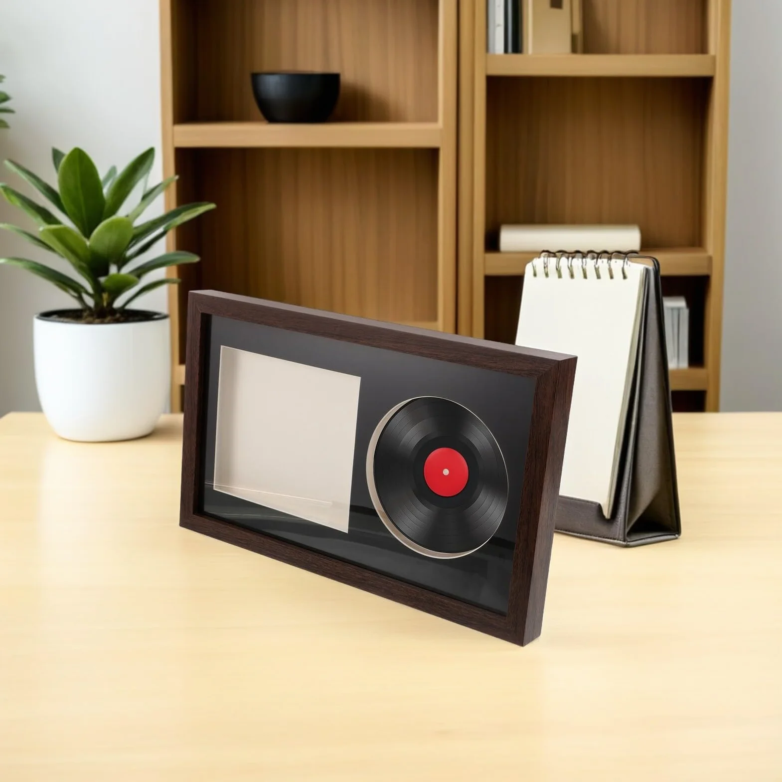 Drewniany stojak na płyty winylowe, 14,2 x 12,4 cm, montowany na ścianie lub na stole, retro witryna CD dla kolekcjonerów, idealna do dekoracji domu i miłośników muzyki.