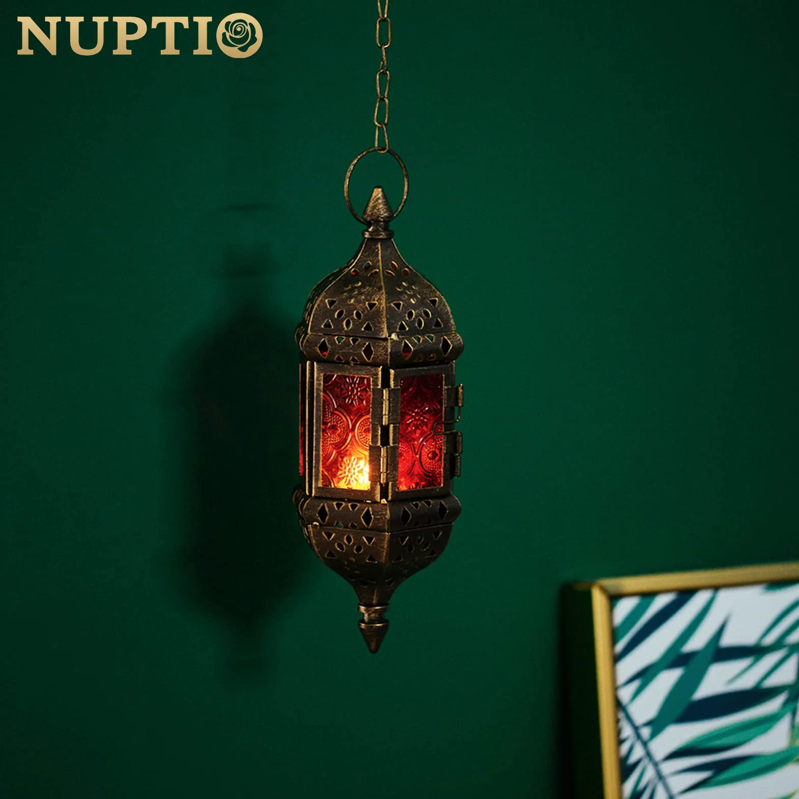 Nuptio Marokańska latarnia na świece, 2 szt., wiszące świeczniki, metalowe i szklane, ramadan, brązowe, dekoracyjne lampiony, do salonu, na balkon, patio, Halloween, dekoracje świąteczne