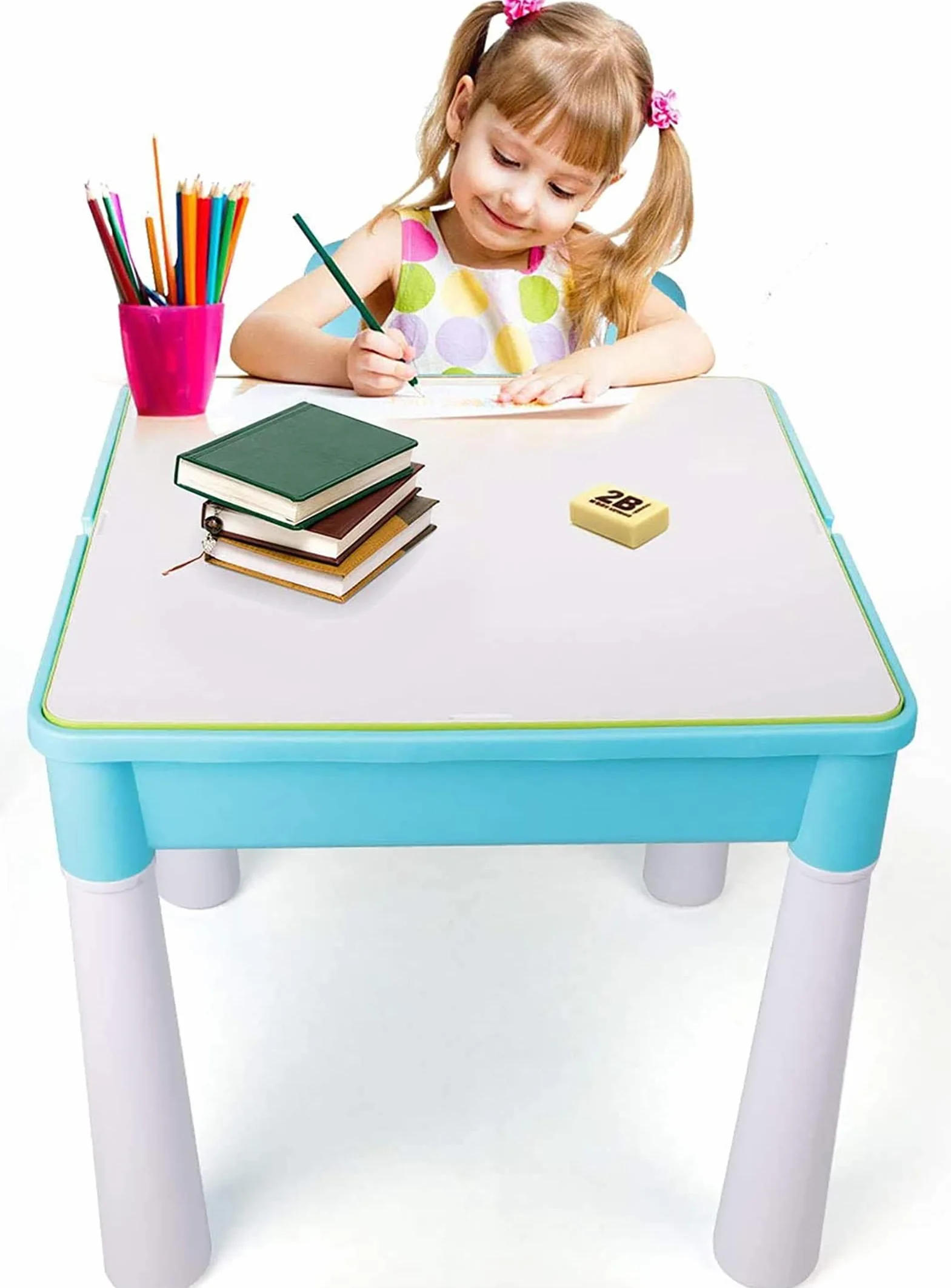 burgkidz Zestaw Wielofunkcyjnego Stołu Dla Dzieci 5 w 1-128 Sztuk Duże Klocki Kompatybilne Klocki Zabawka, Stół Do Zabawy Dla Dzieci Zawiera 1 Krzesło i Stół Do Budowania Ze Schowkiem, Niebieski